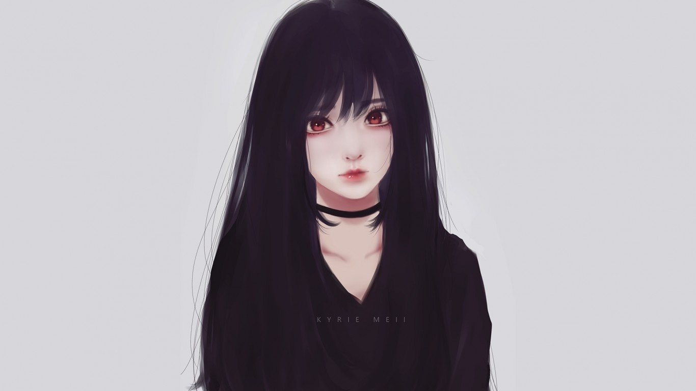 Download 1366x768 Realistic Anime Girl, Black Hair, Attractive, Beautiful, Red Eyes Wallpaper for Laptop, Notebook