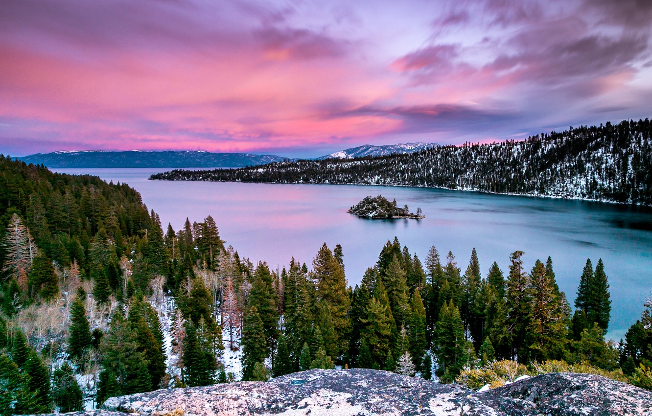 Wallpaper winter, snow, trees, landscape, sunset, mountains, nature, lake, USA, forest, Tahoe, Lake Tahoe image for desktop, section пейзажи