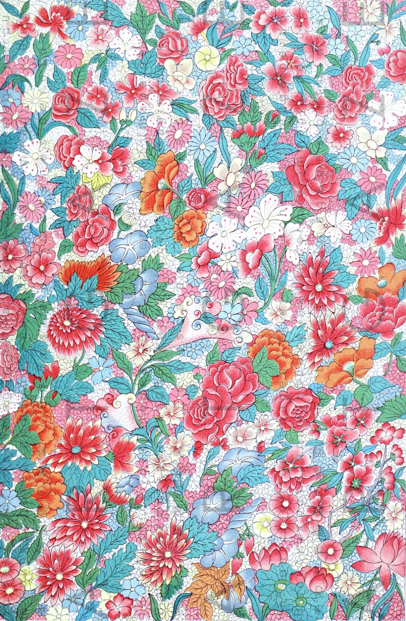 ASIAN Floral Colorful Flower Art Print Antique Wallpaper