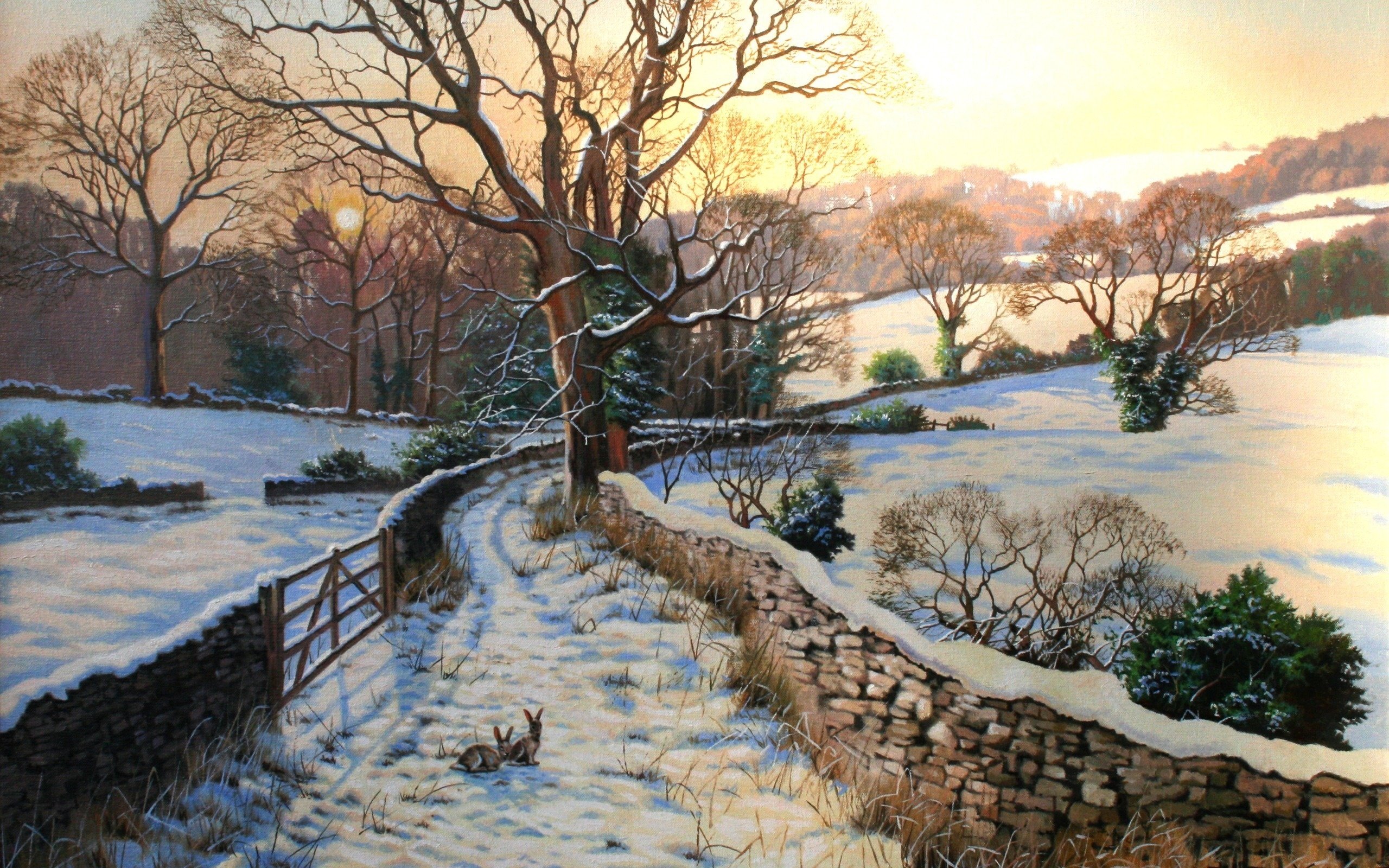 paintings, Drawings, Hares, Rabbits, Winter, Drawing, Art, Snow, Fences, Wallpaper, Animals, Painting, Trees, Winter, Wallpaper HD / Desktop and Mobile Background