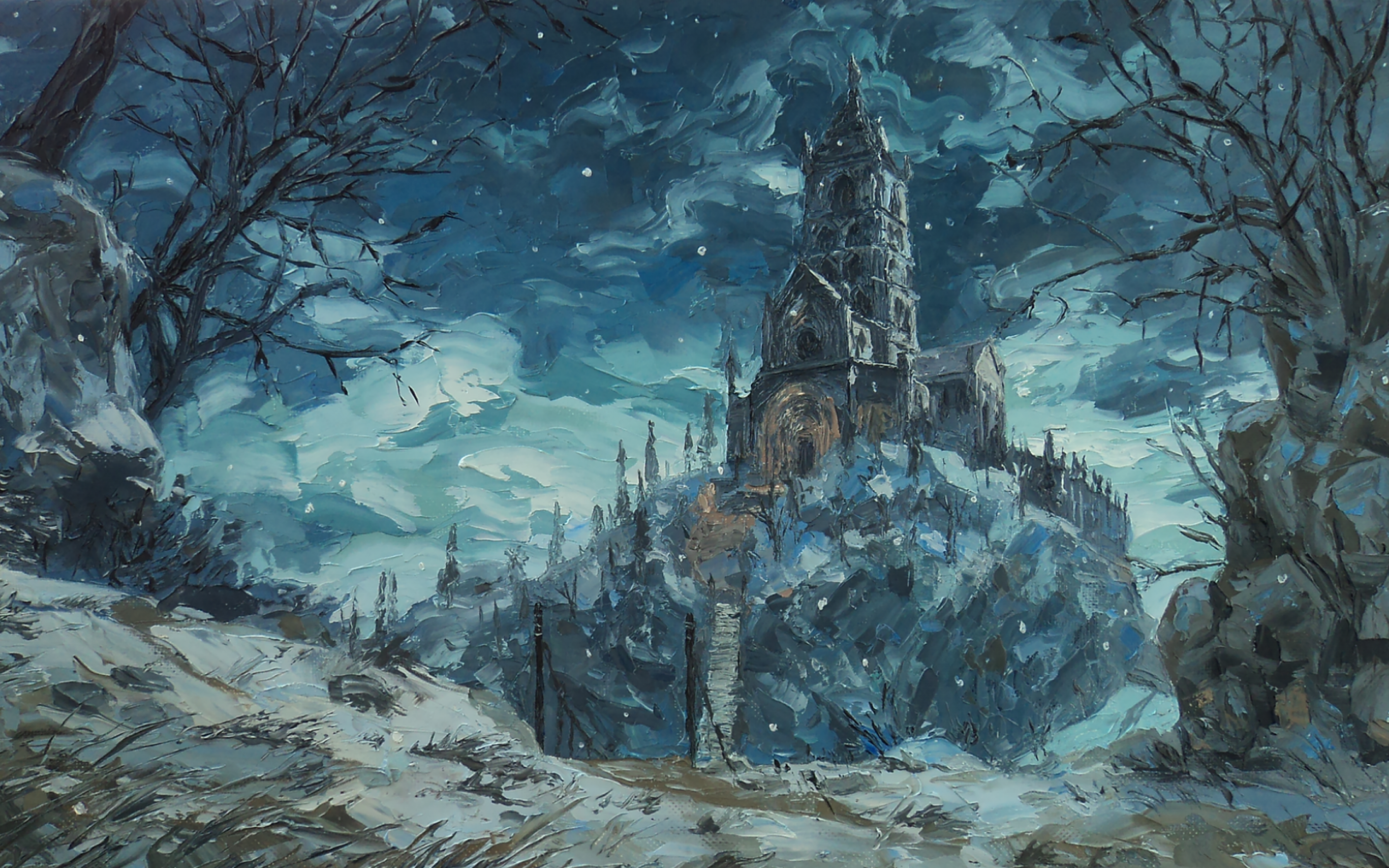 Download 2880x1800 Fantasy Castle, Medieval, Painting, Snow, Winter Wallpaper for MacBook Pro 15 inch
