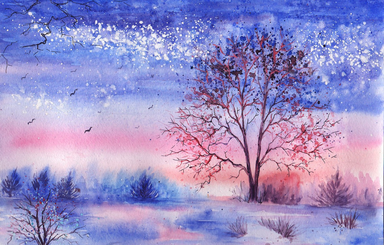 Wallpaper winter, grass, trees, birds, lake, watercolor, the bushes, painted landscape image for desktop, section живопись