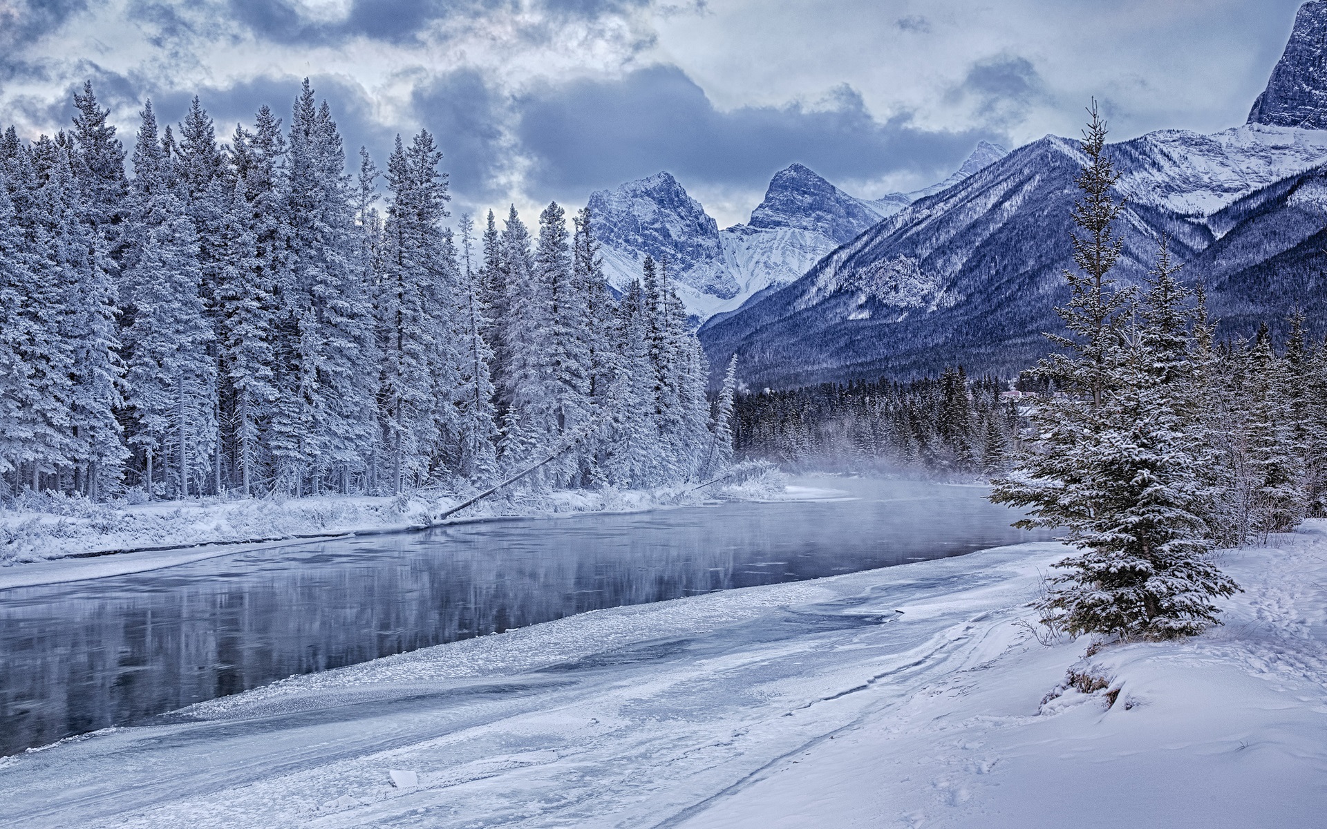 Wallpaper Winter mountains, forest, trees, river, snow, ice 1920x1200 HD Picture, Image