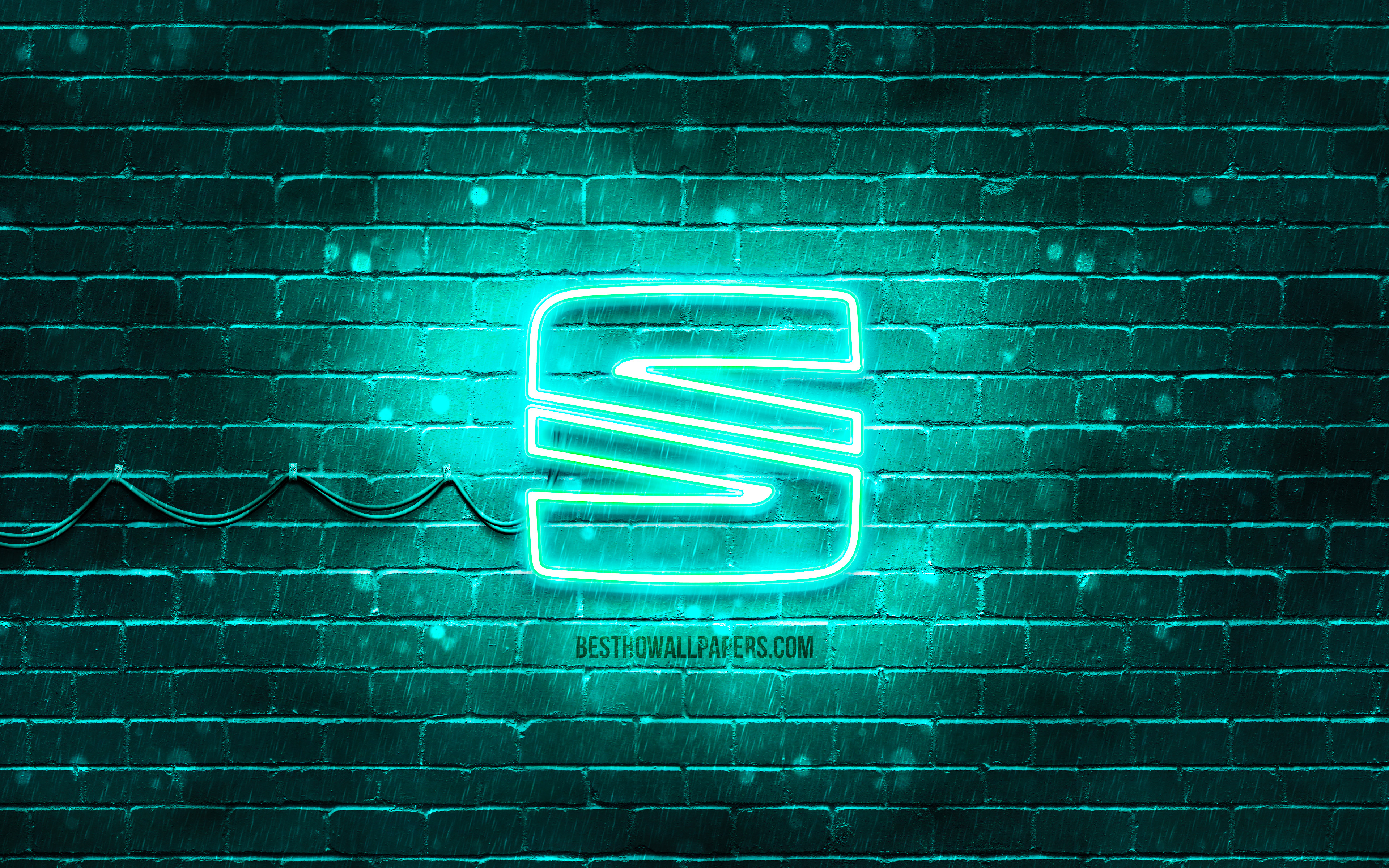 Download wallpaper Seat turquoise logo, 4k, turquoise brickwall, Seat logo, cars brands, Seat neon logo, Seat for desktop with resolution 3840x2400. High Quality HD picture wallpaper