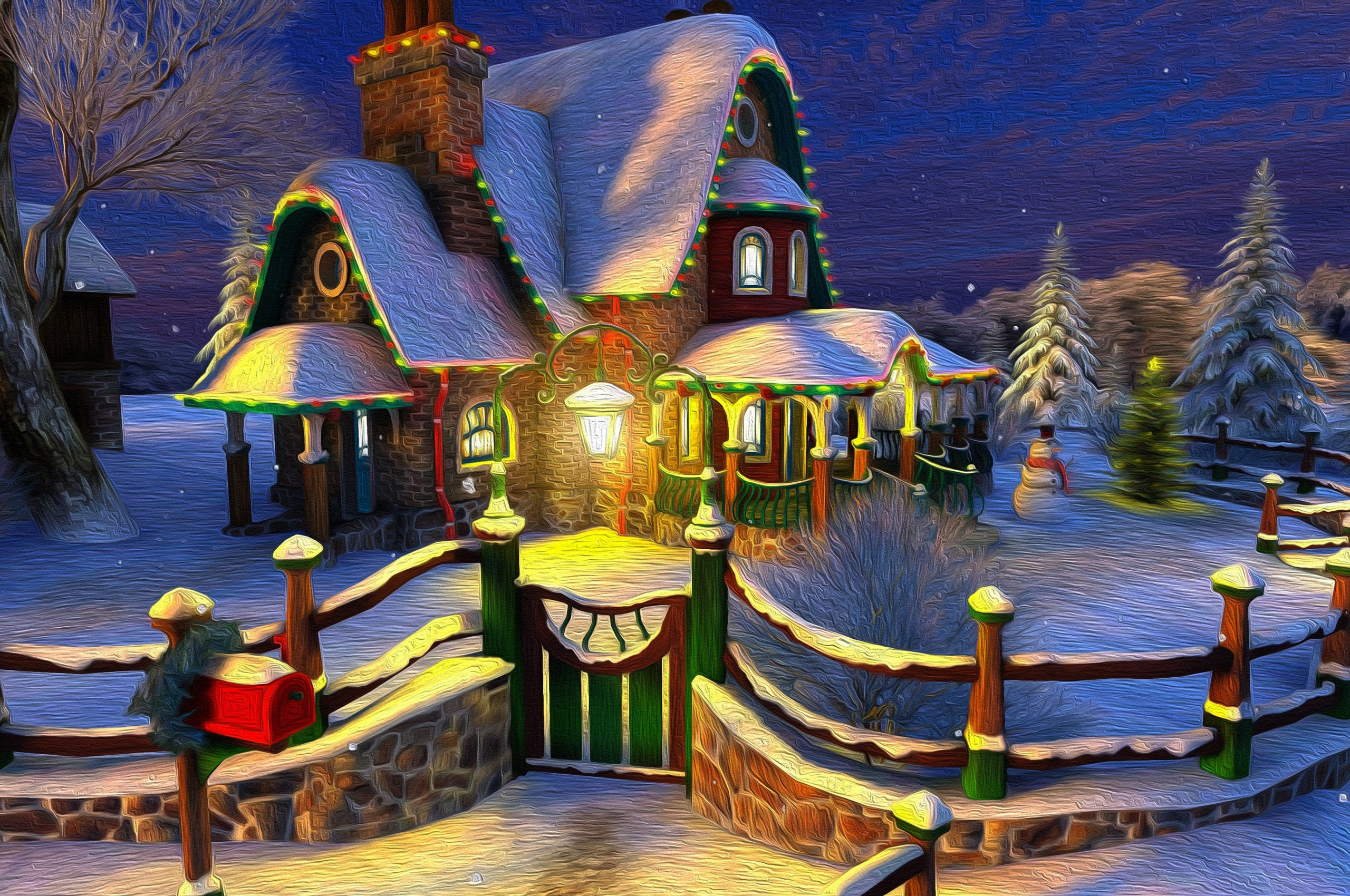 Download 2560x1700 Cozy House, Christmas Door, Fence, Snow, Winter Wallpaper for Chromebook Pixel