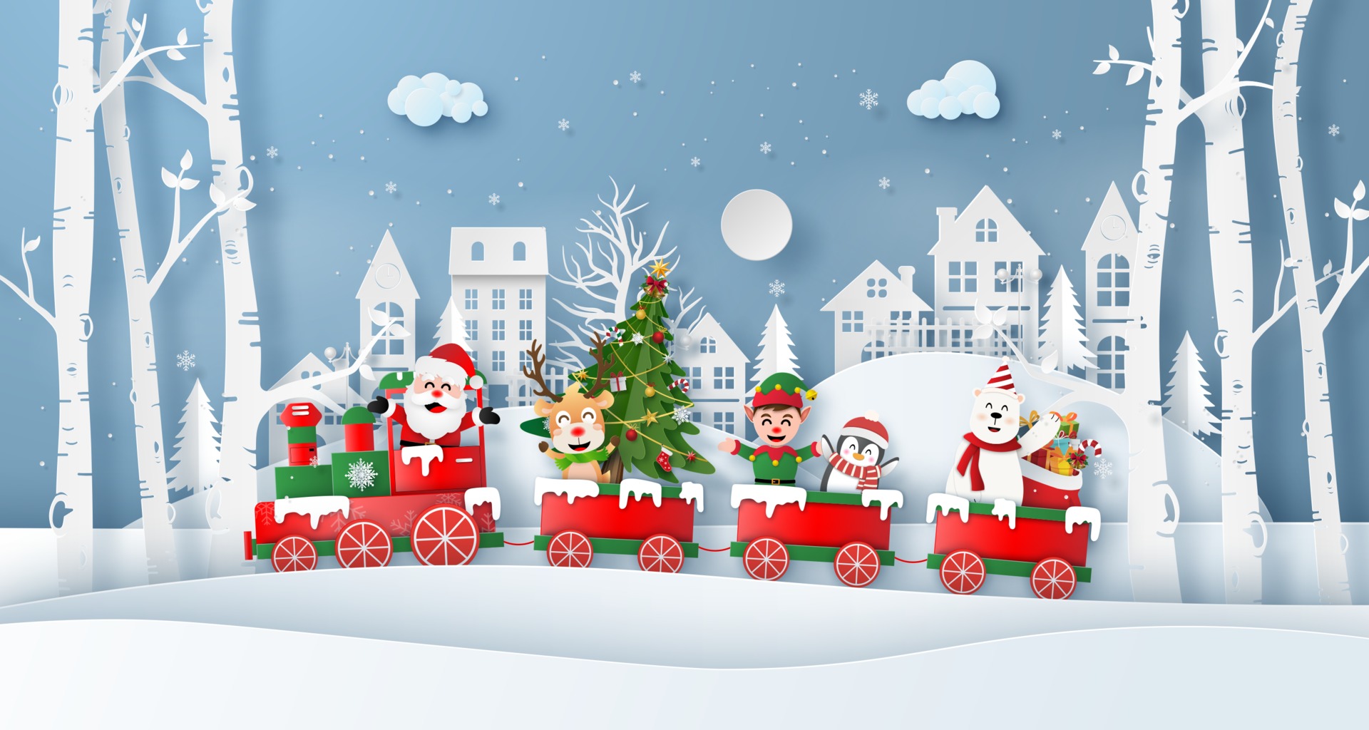 Christmas train with Santa Claus and friend in the village