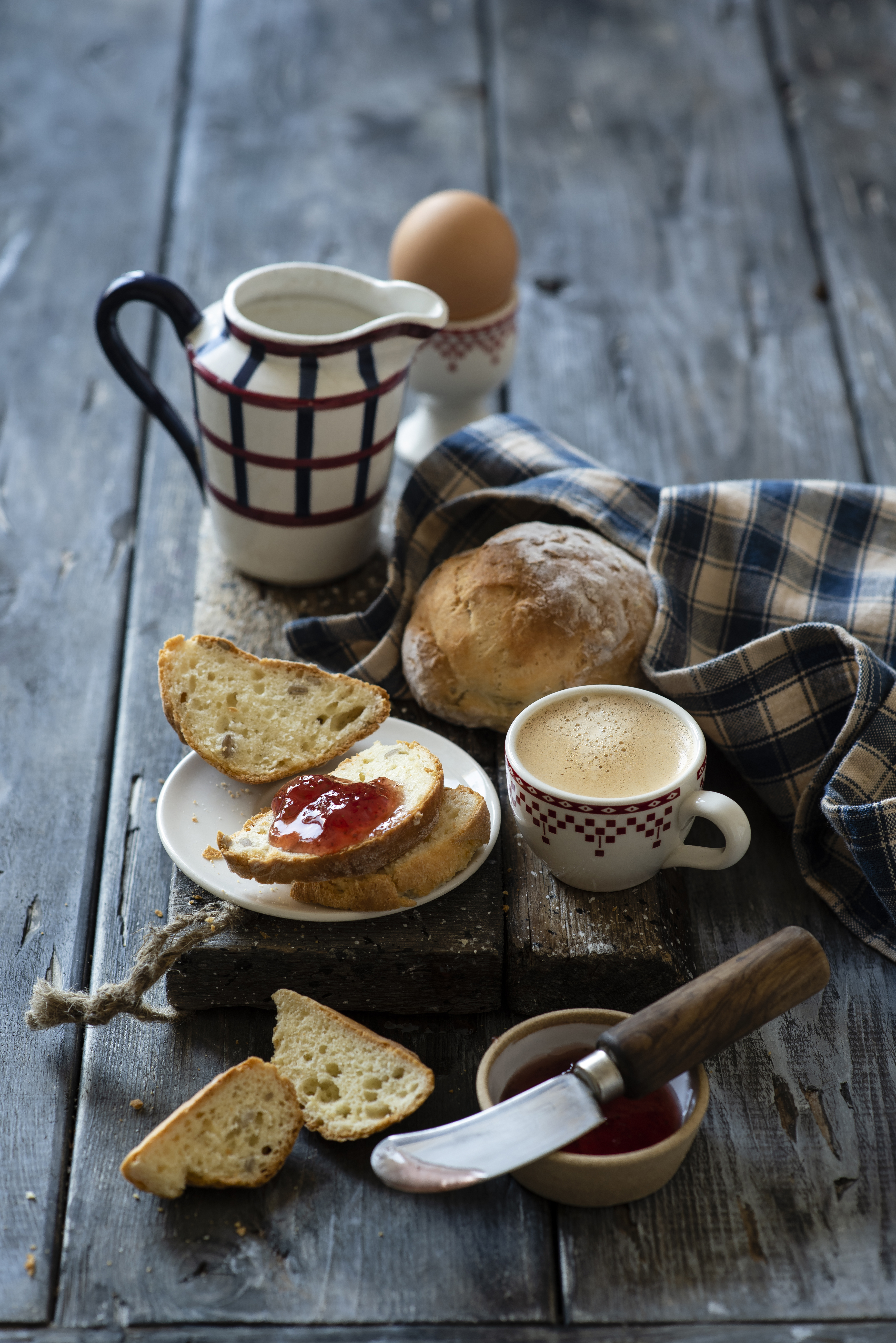 Photo Knife Jam Coffee Breakfast Cappuccino Bread Jug 3495x5236