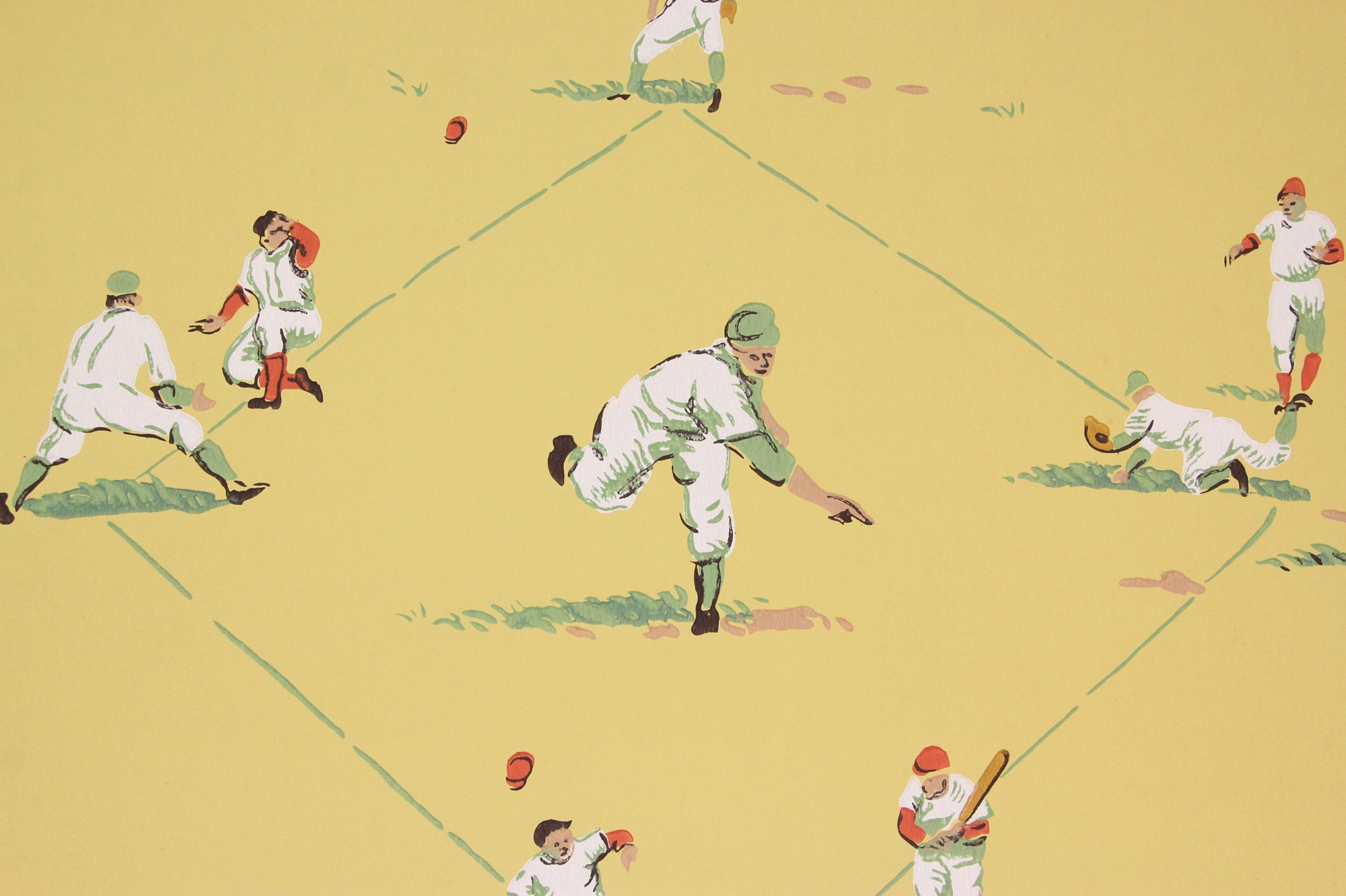 1950s Vintage Wallpaper Baseball Team Players Dugout on Yellow