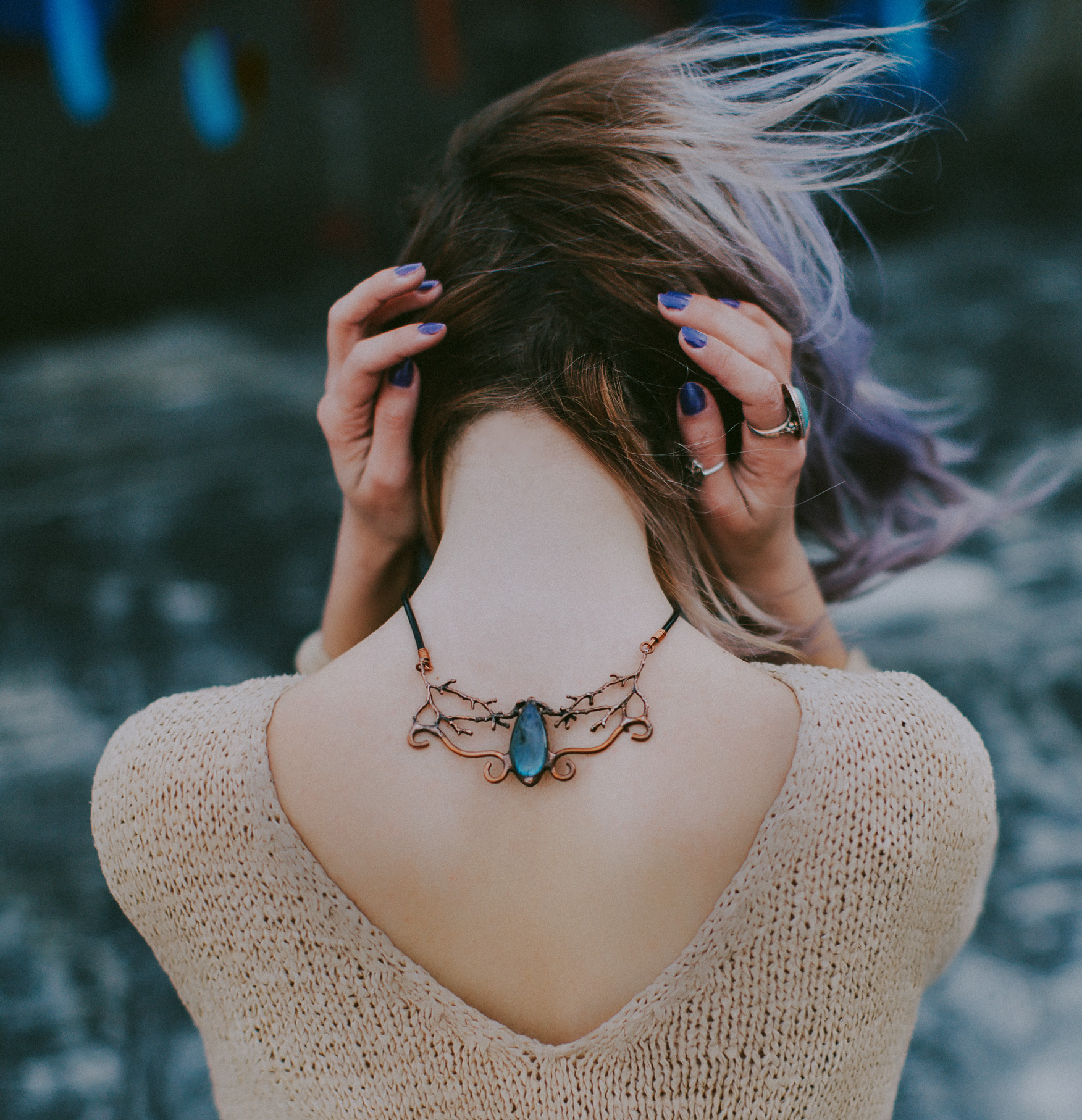 Woman Wears Gold Colored Blue Gemstone Pendant Necklace · Free