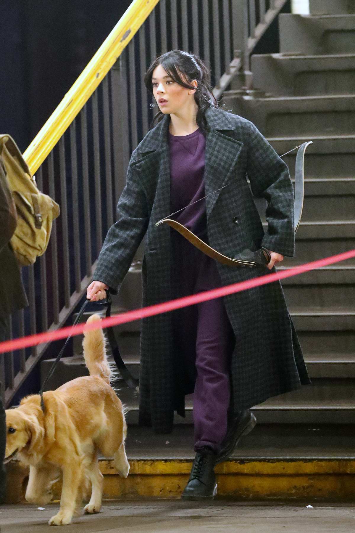 Hailee Steinfeld seen on the set of 'Hawkeye' as 'Kate Bishop' while filming a scene with