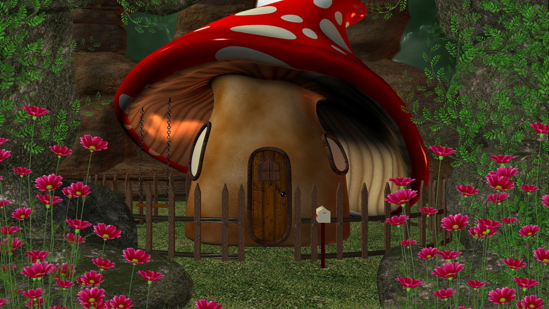 Mushroom House in the Forest HD Wallpaper