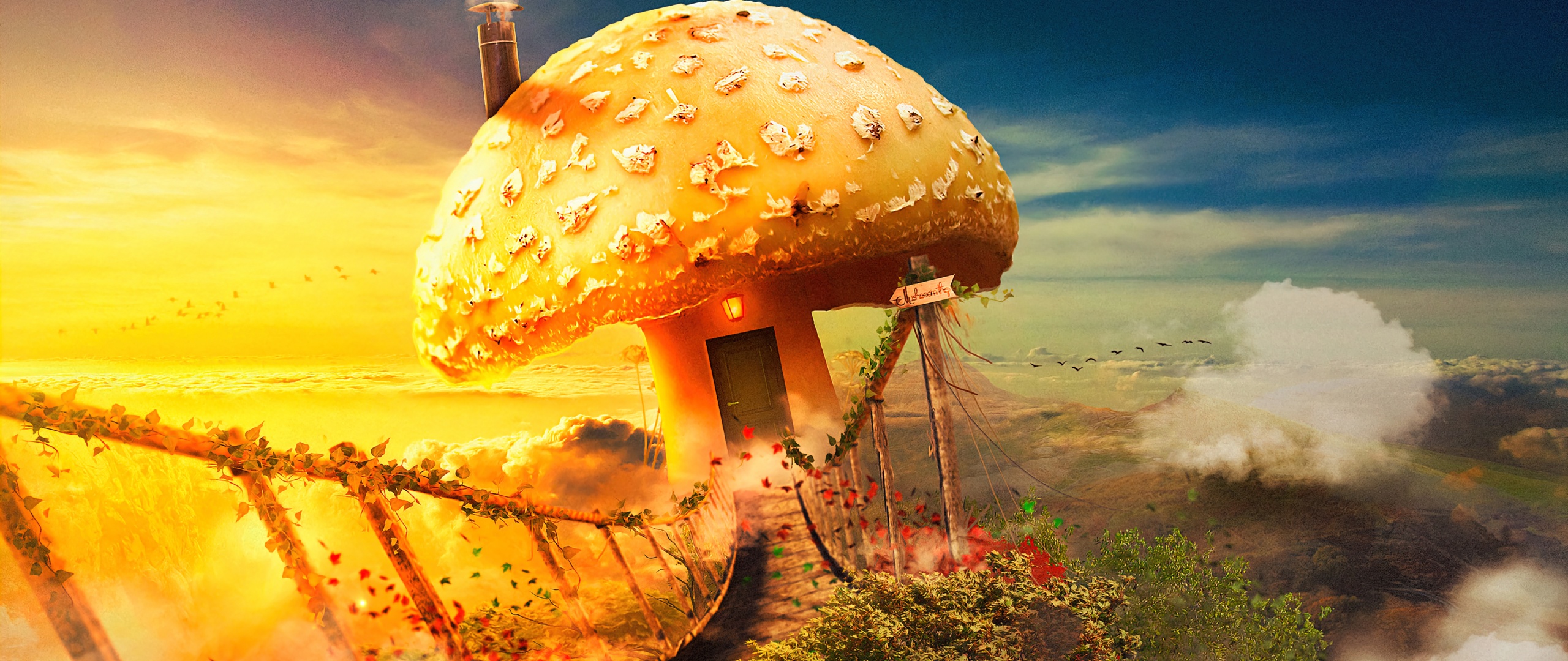 Mushroom house Wallpaper 4K, Surreal, Bridge, Dream, Fantasy, Clouds, Graphics CGI