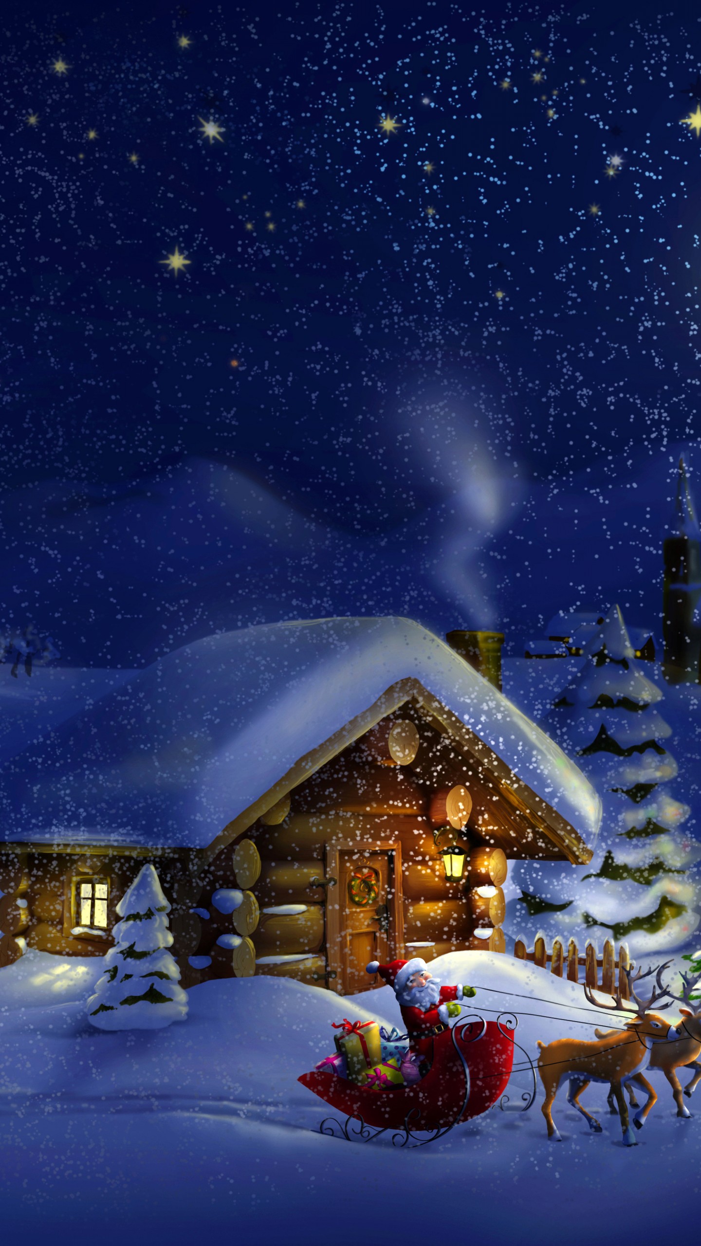 Wallpaper Christmas, New Year, Santa, deer, moon, night, winter, house, snow, 4k, Holidays