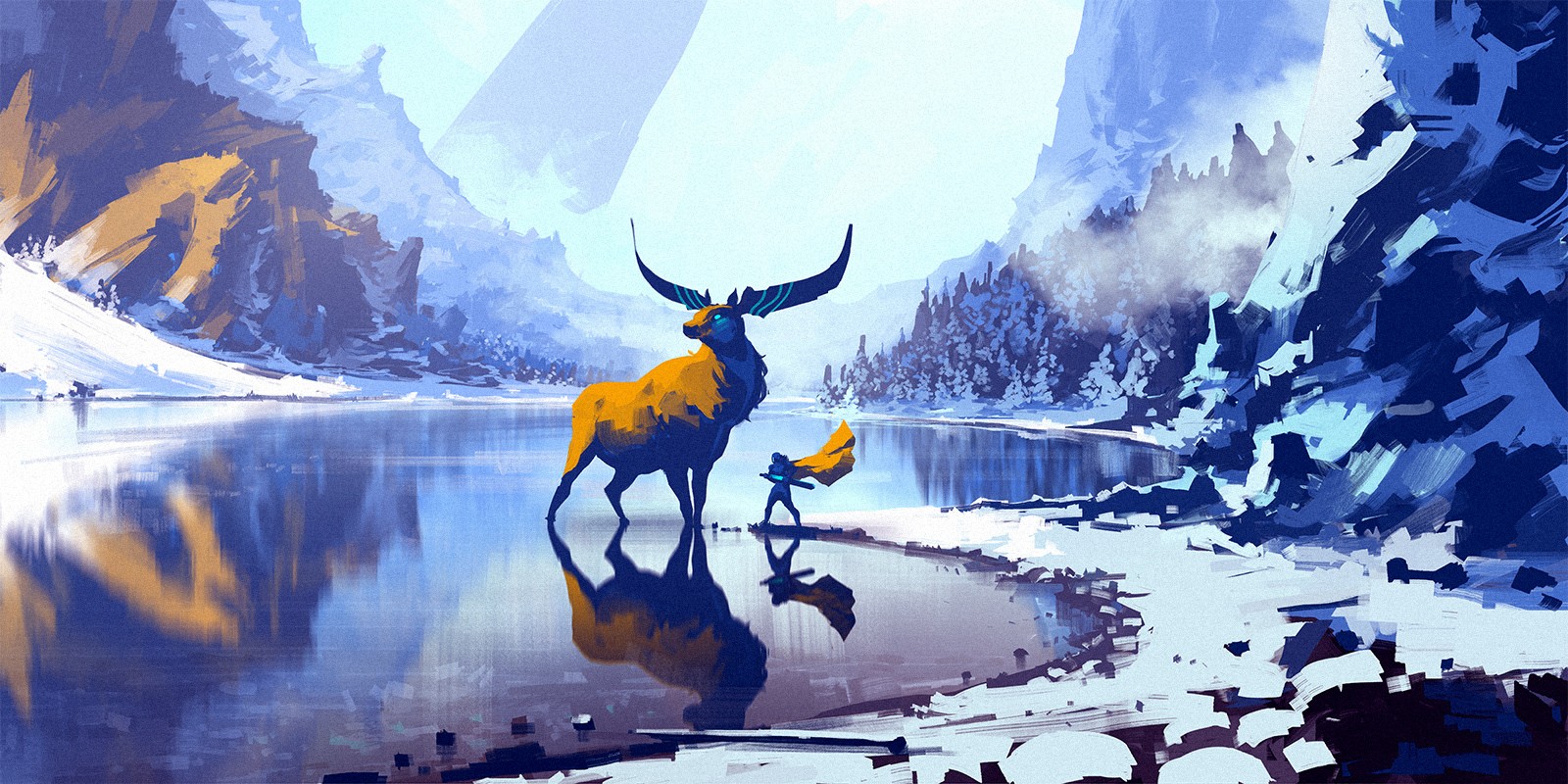 Wallpaper, digital art, reflection, winter, artwork, concept art, Arctic, Anton Fadeev, screenshot, Digital 2D, 1600x800 px, computer wallpaper, geological phenomenon, extreme sport 1600x800