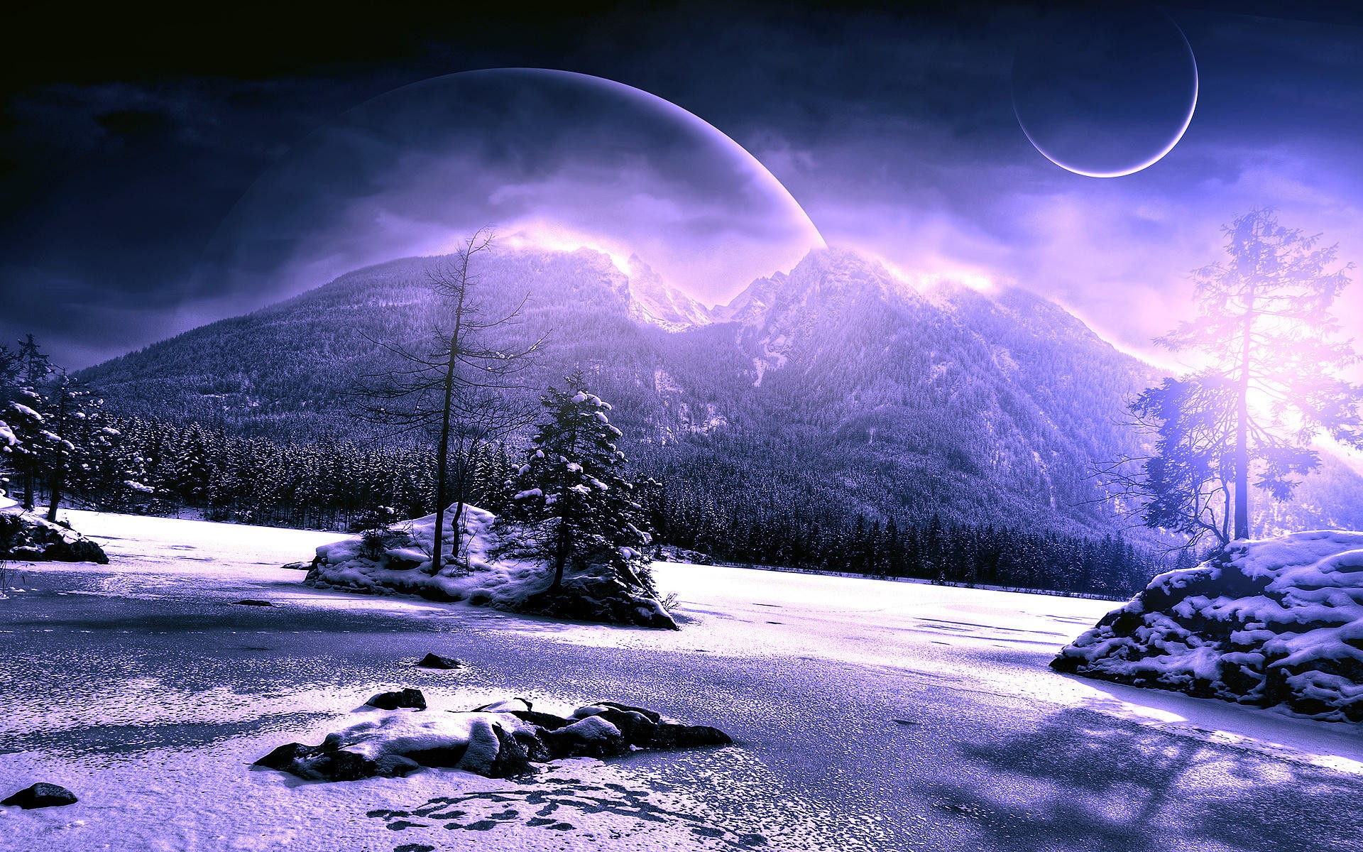 Wallpaper, mountains, digital art, night, planet, snow, winter, space art, moonlight, atmosphere, Aurora, weather, screenshot, computer wallpaper 1920x1200