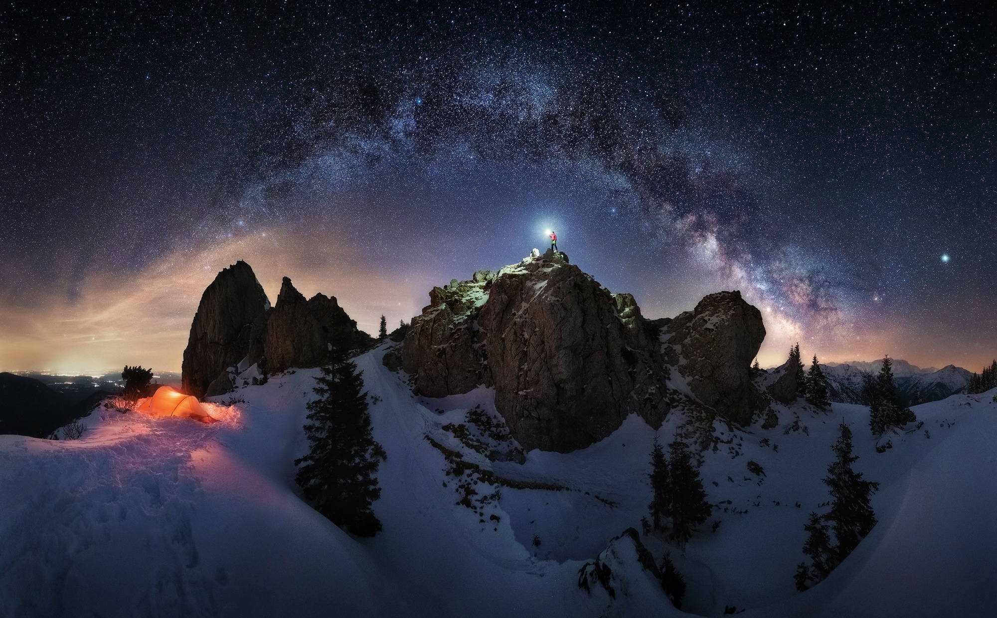 Nature Winter Snow Sky Night Stars Landscape Mountains Camping Aurorae Wallpaper:2000x1241