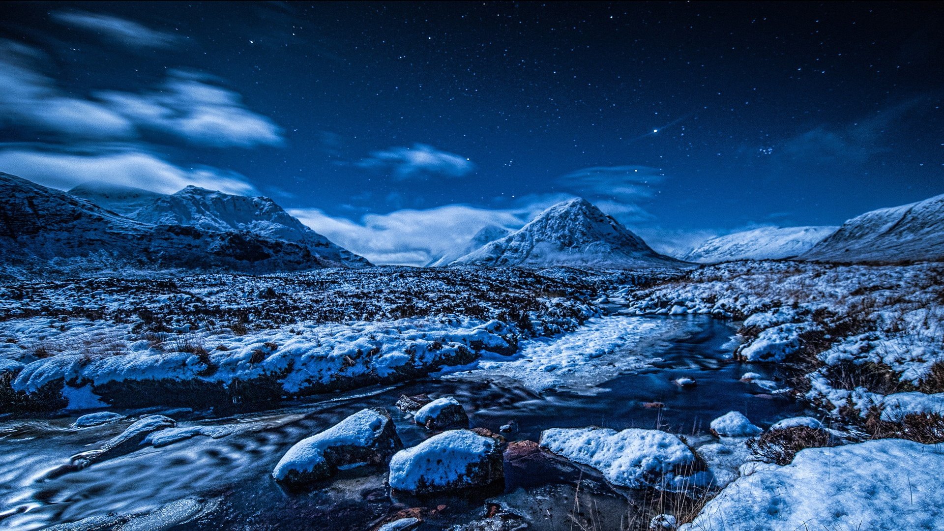 Wallpaper Blue winter landscape, snow, mountains, stars, stream, night 1920x1080 Full HD 2K Picture, Image