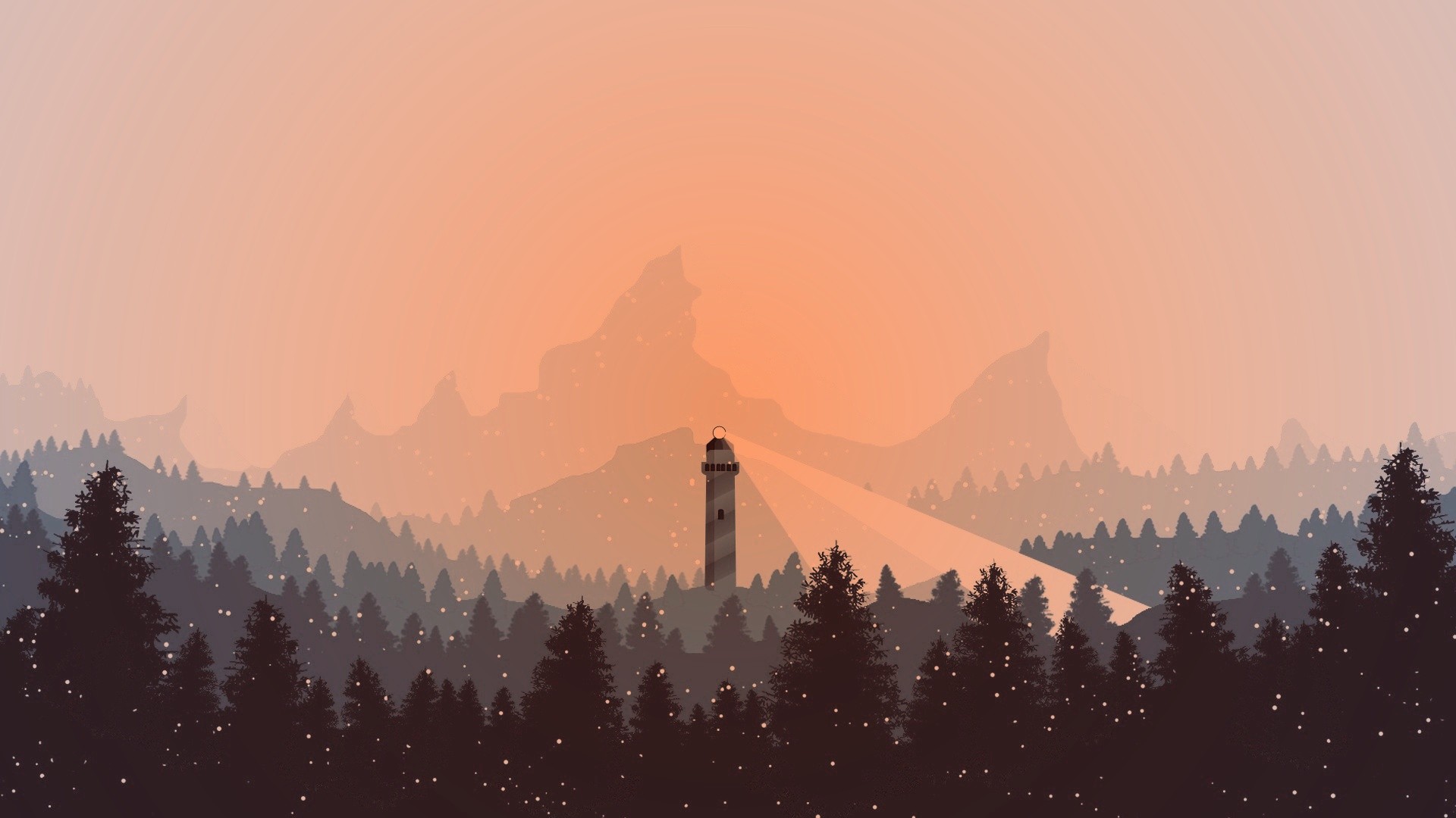Wallpaper, snow, lighthouse, orange, winter, digital art, mountains 1920x1080