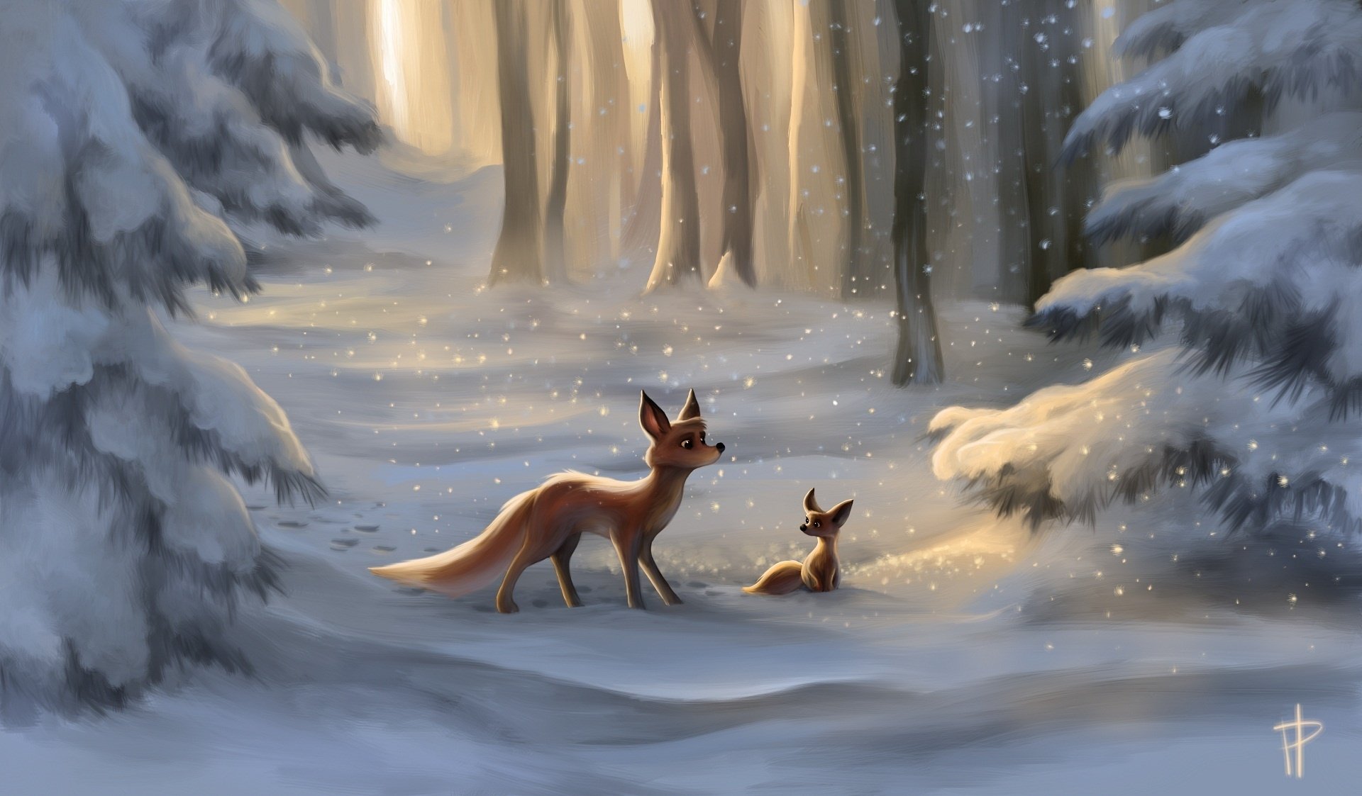 Fox and Her Pup in Winter Forest