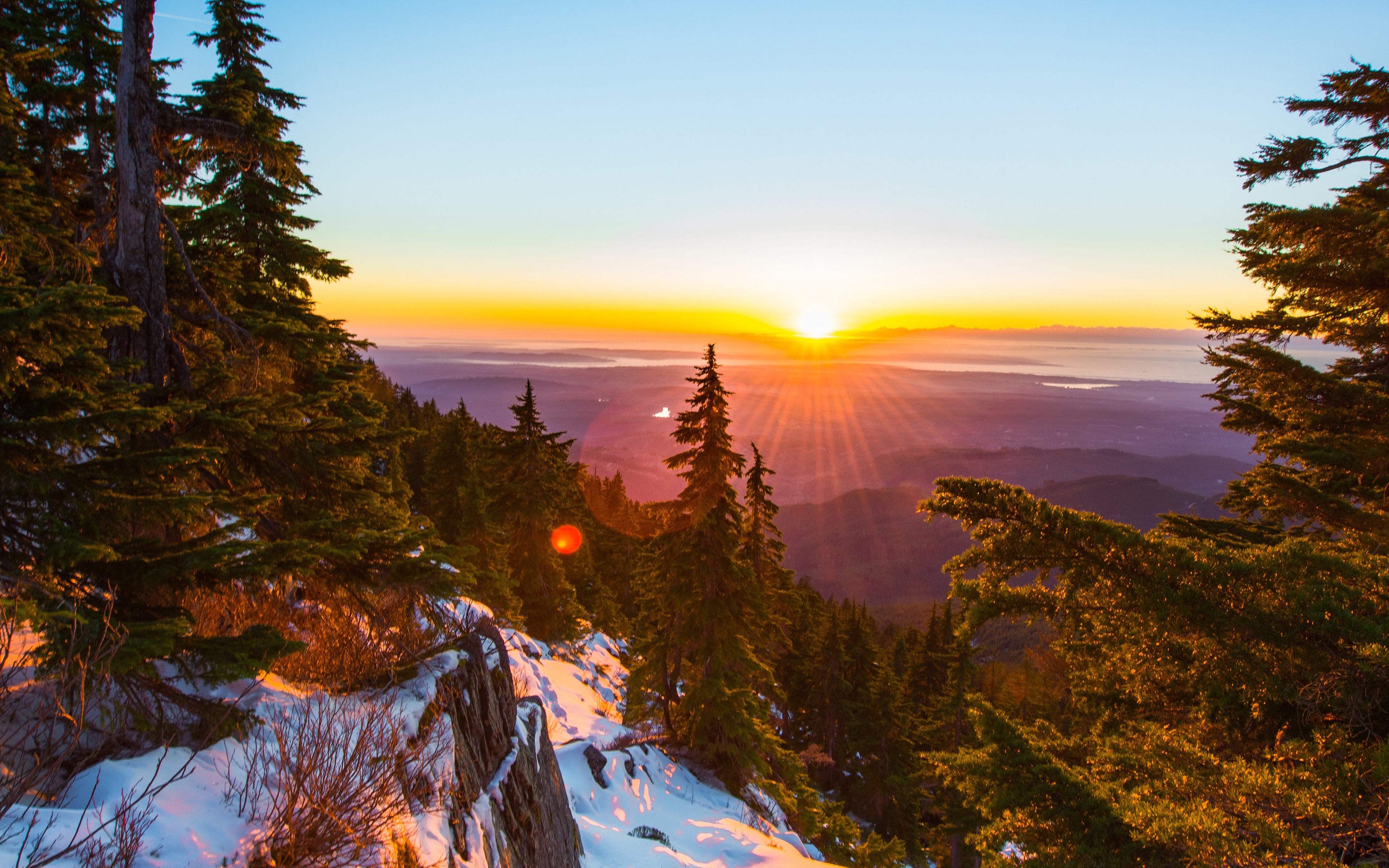 Mountain Snow Winter Sunset Wood Nature Wallpaper