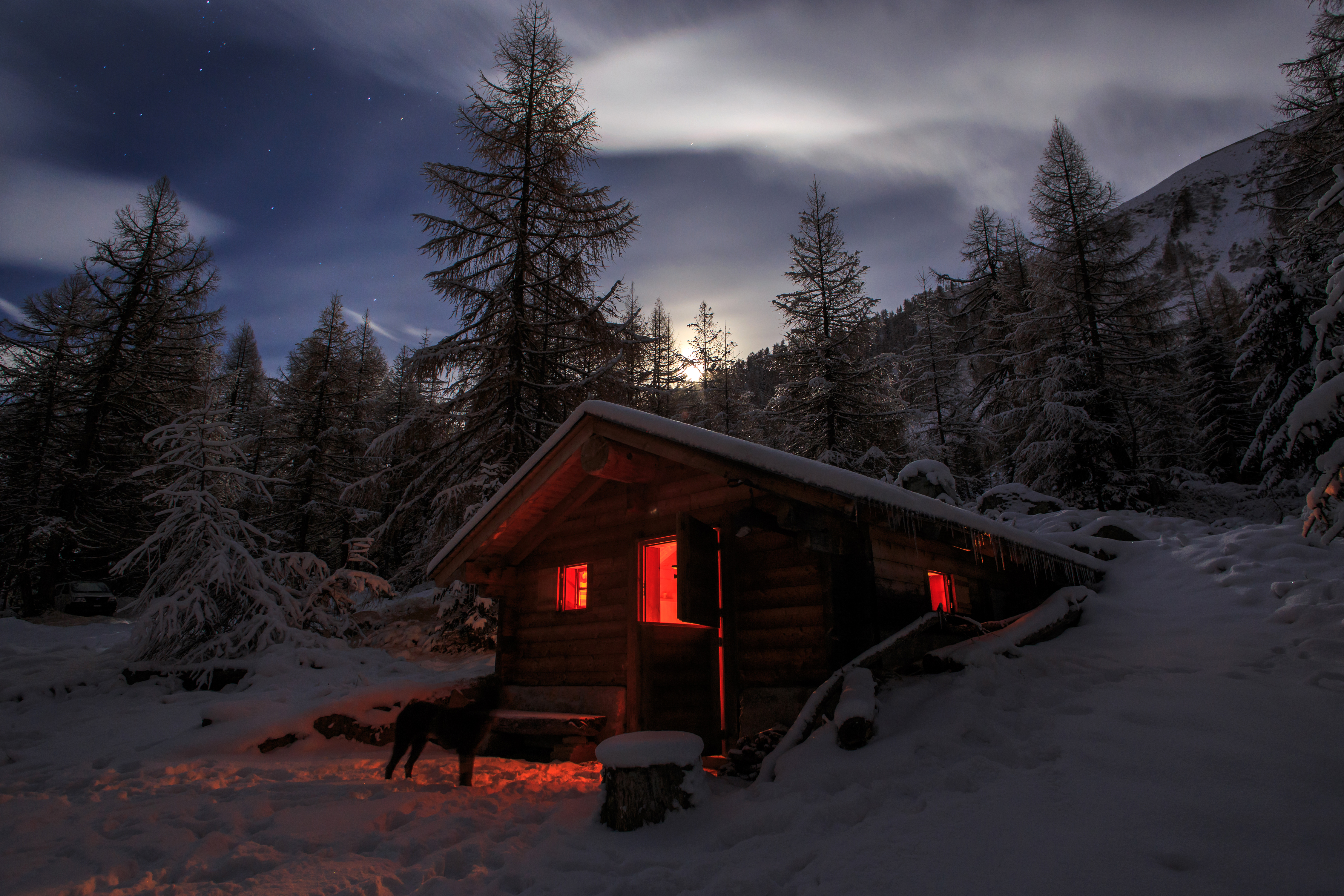 Earth Winter Cottage House Snow Night Wallpaper:4500x3000