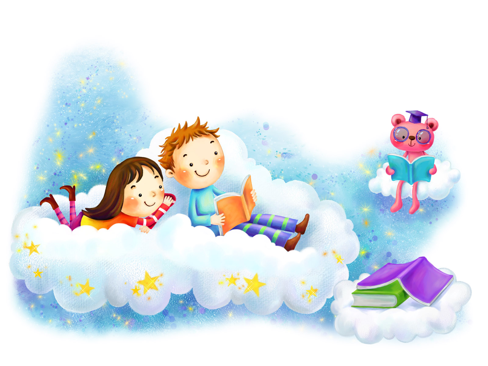 Cute Cartoon kids reading books on clouds free image download