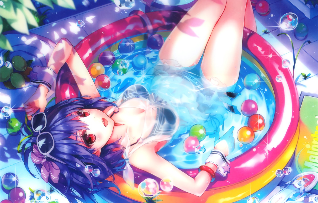 Wallpaper water, girl, joy, bubbles, anime, pool, art, glasses, kuroya shinobu image for desktop, section прочее