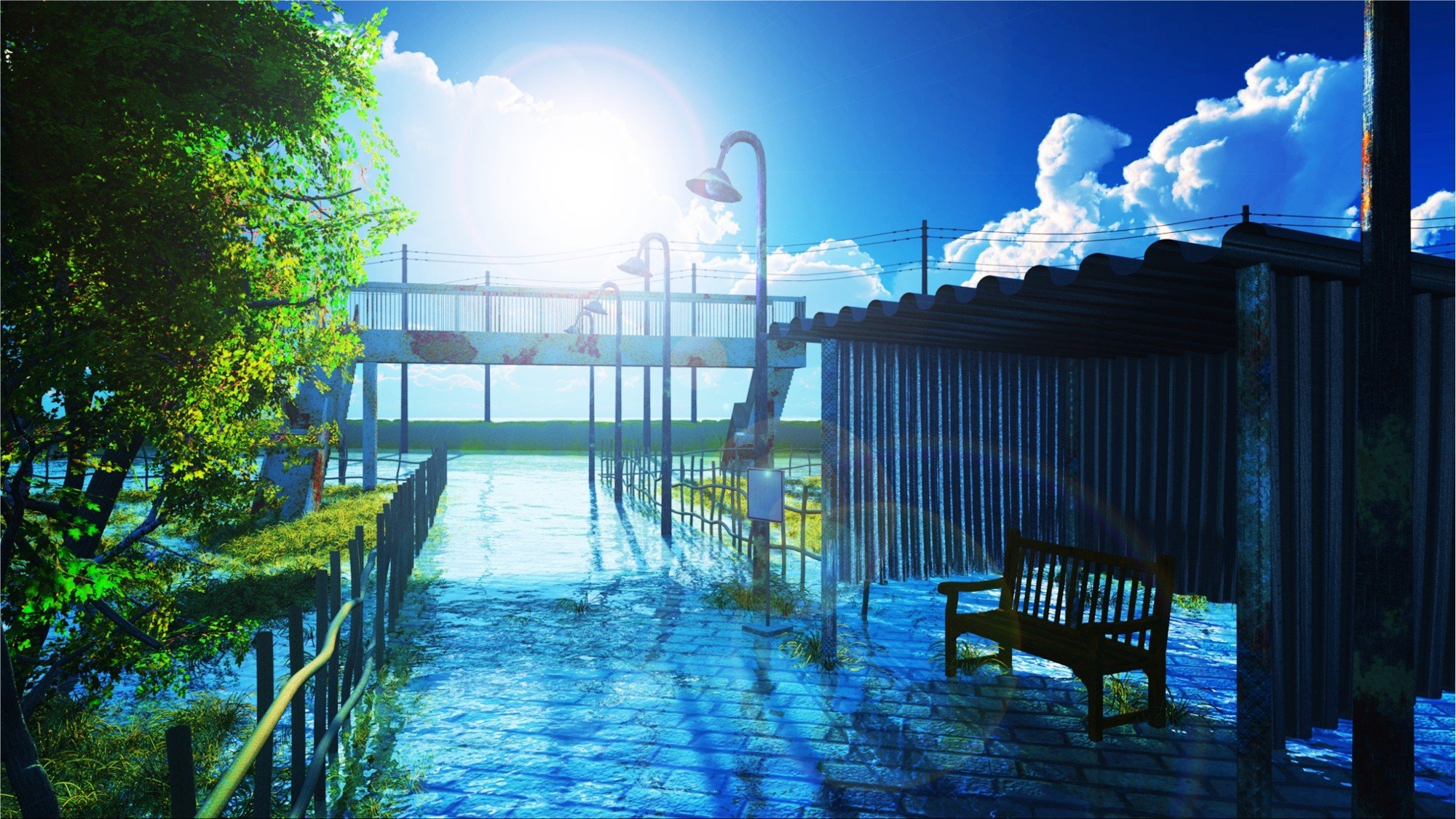 Wallpaper, sunlight, night, anime, water, urban, reflection, sky, clouds, lantern, bench, swimming pool, resort, light, lighting 2000x1125