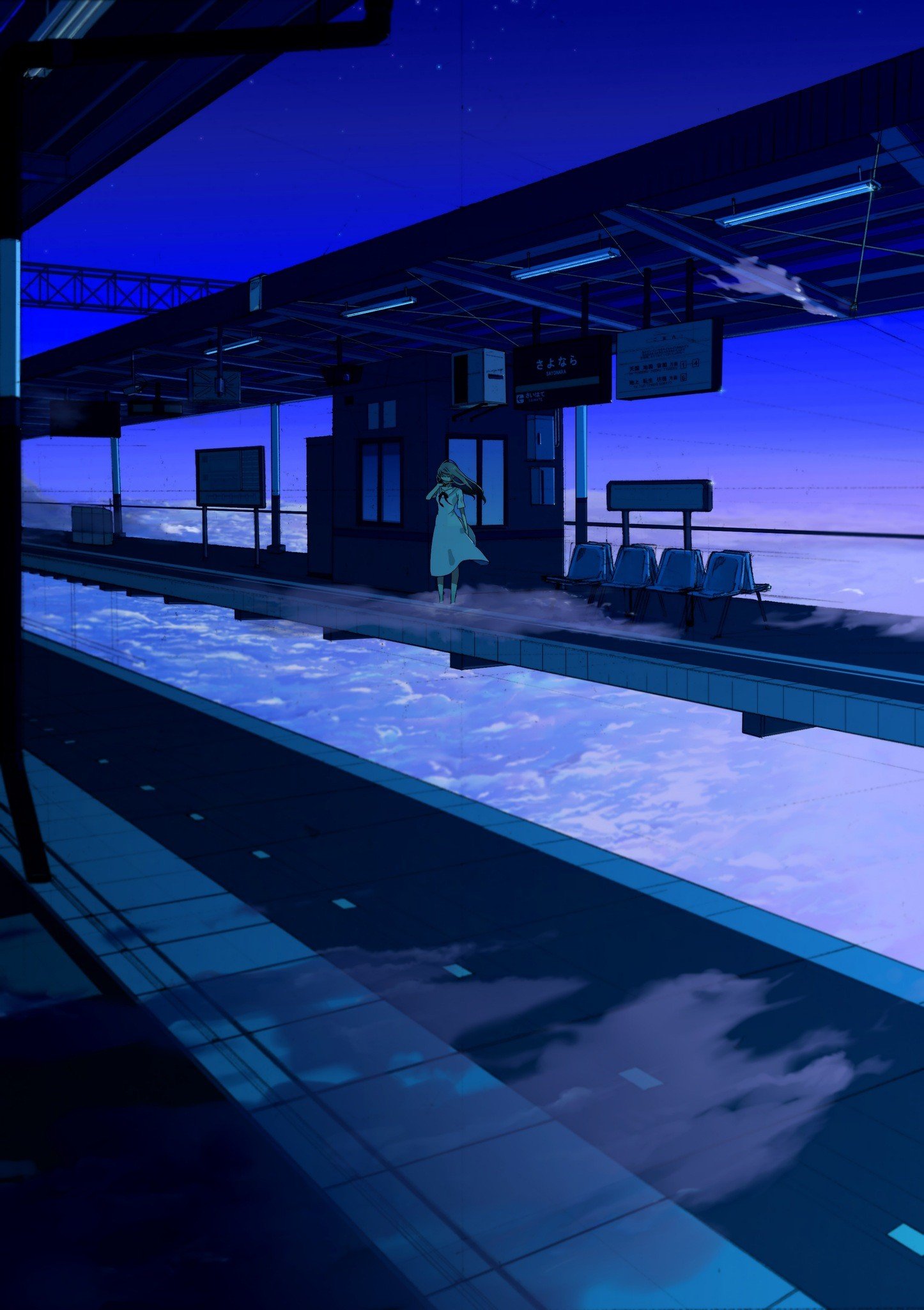 Wallpaper, night, anime girls, reflection, sky, manga, blue, evening, swimming pool, light, lighting, shape, screenshot 1446x2048
