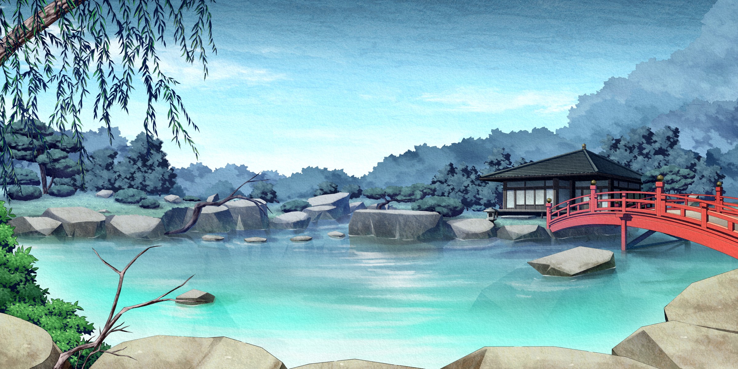 Wallpaper, landscape, sea, bay, anime, nature, swimming pool, lagoon, peaceful, peace 2400x1200