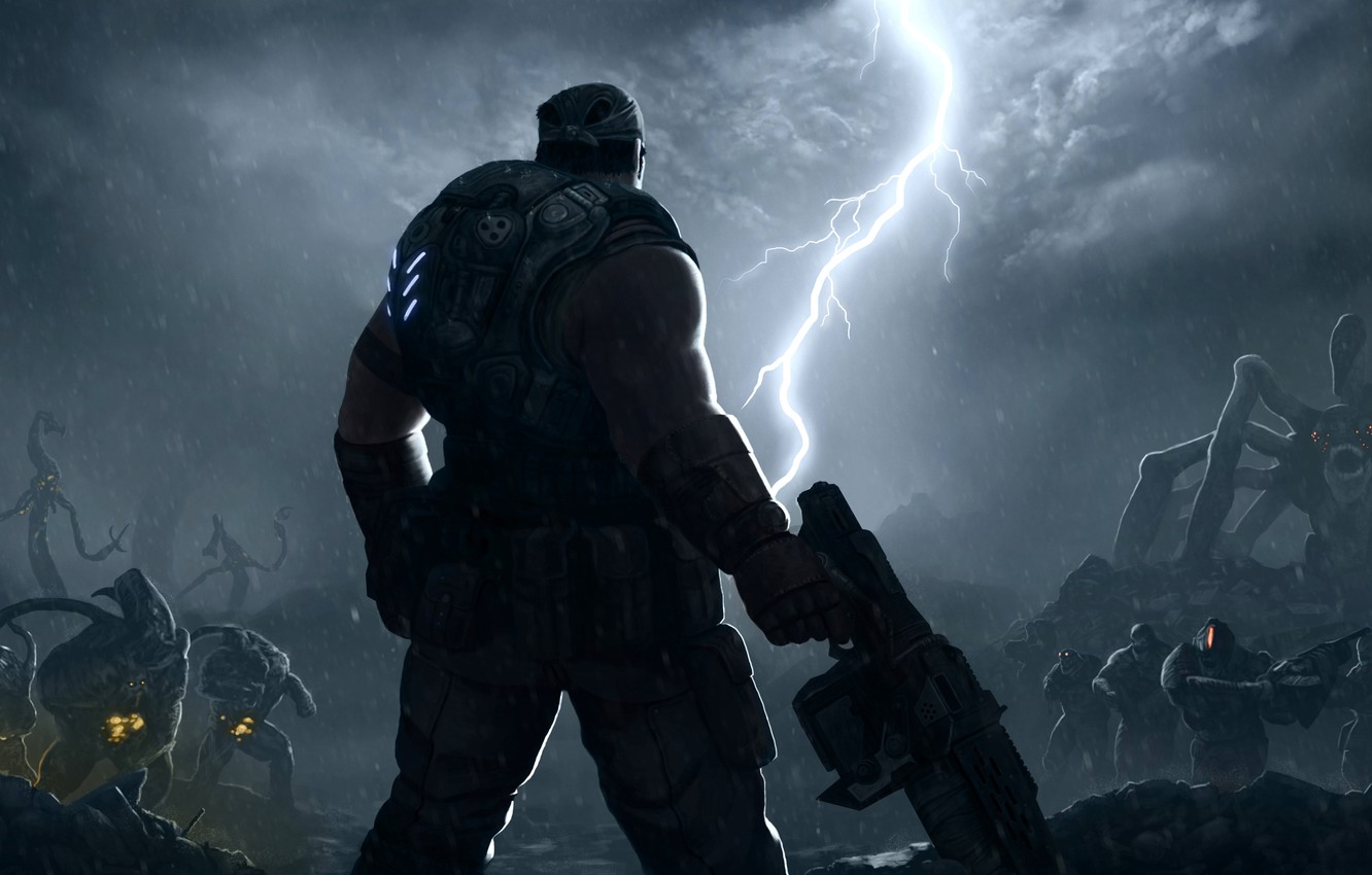 Wallpaper clouds, rain, lightning, monsters, Gears of War, Marcus Fenix image for desktop, section игры