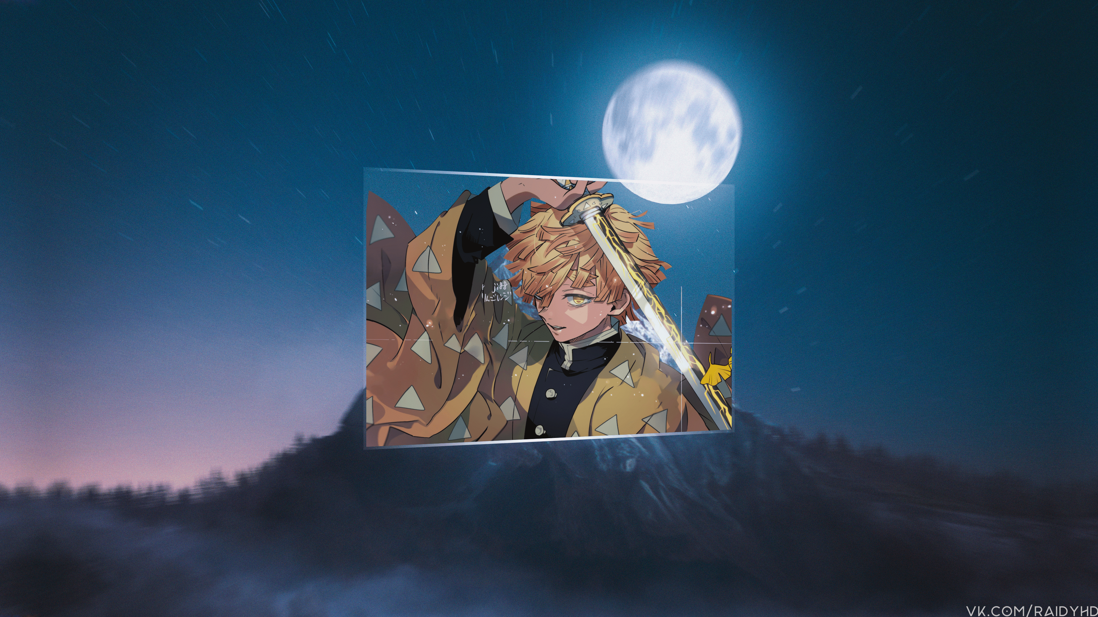 Wallpaper, anime boys, picture in picture, moonlight, Zenitsu Agatsuma, Kimetsu no Yaiba, Moon 3840x2160