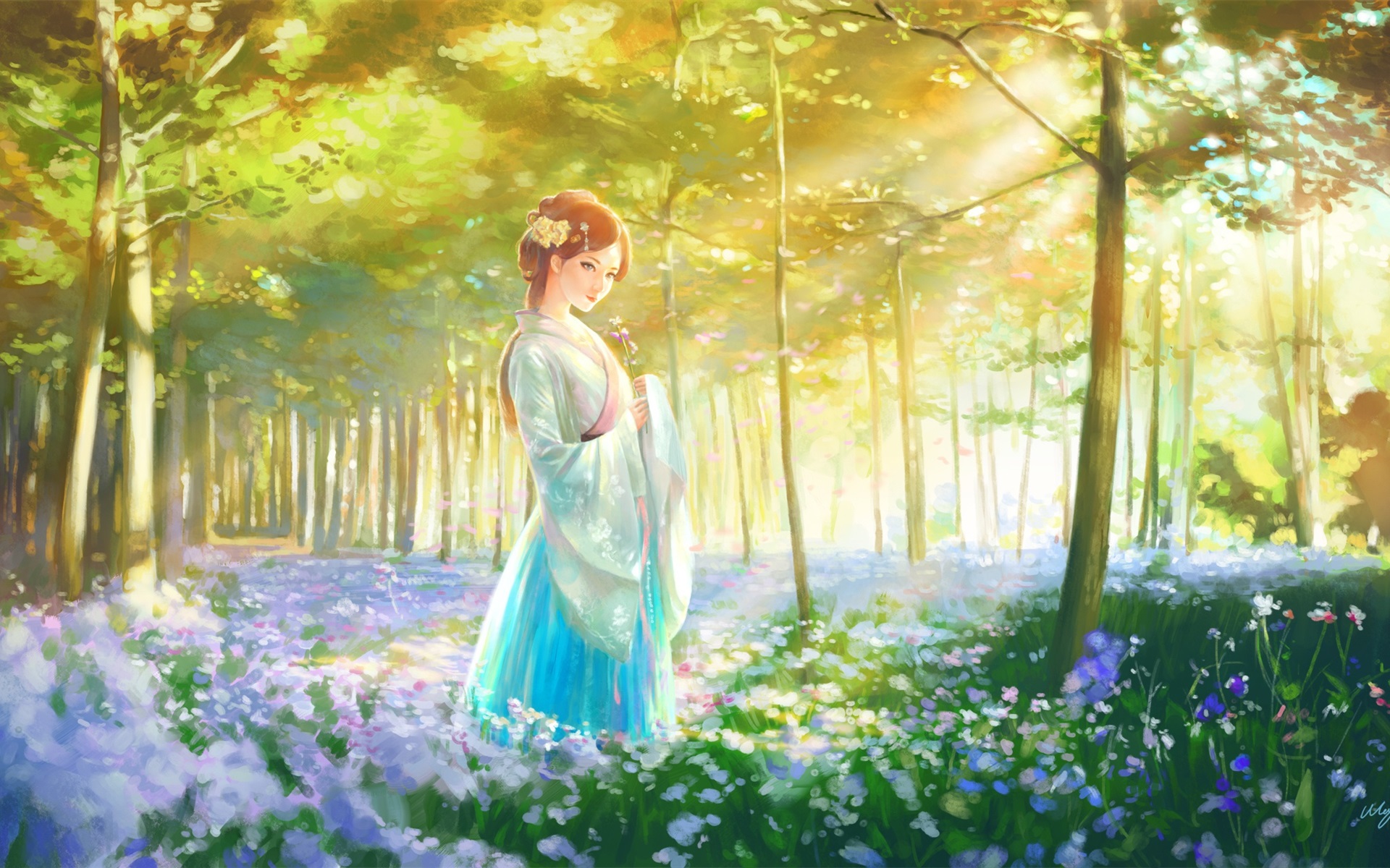 Wallpaper Beautiful Chinese Girl, Retro Style, Forest, Chinese Girl Painting