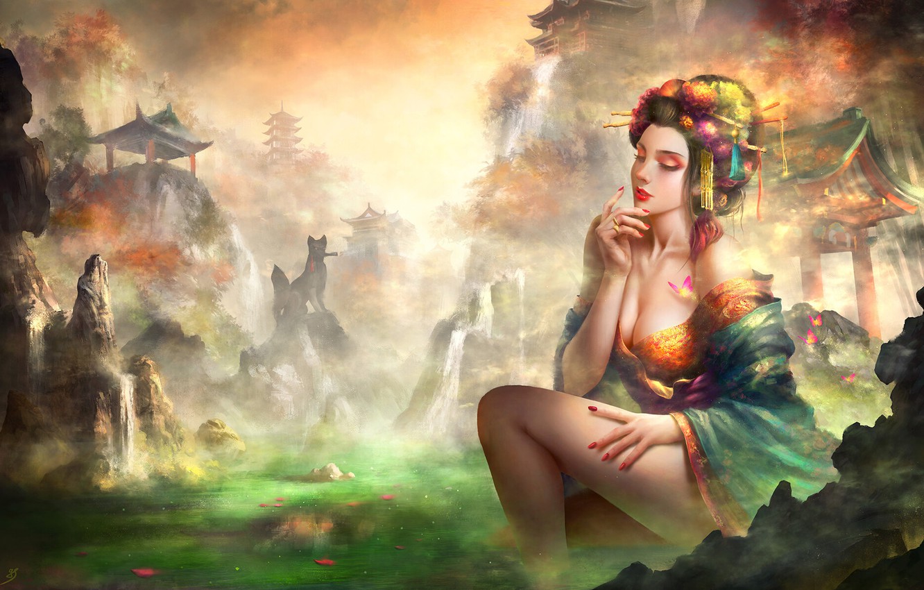 Wallpaper Color, Girl, Figure, Lake, Style, Girl, Dress, Asia, Fantasy, Architecture, Art, Art, Beauty, Style, Color, Fiction image for desktop, section арт
