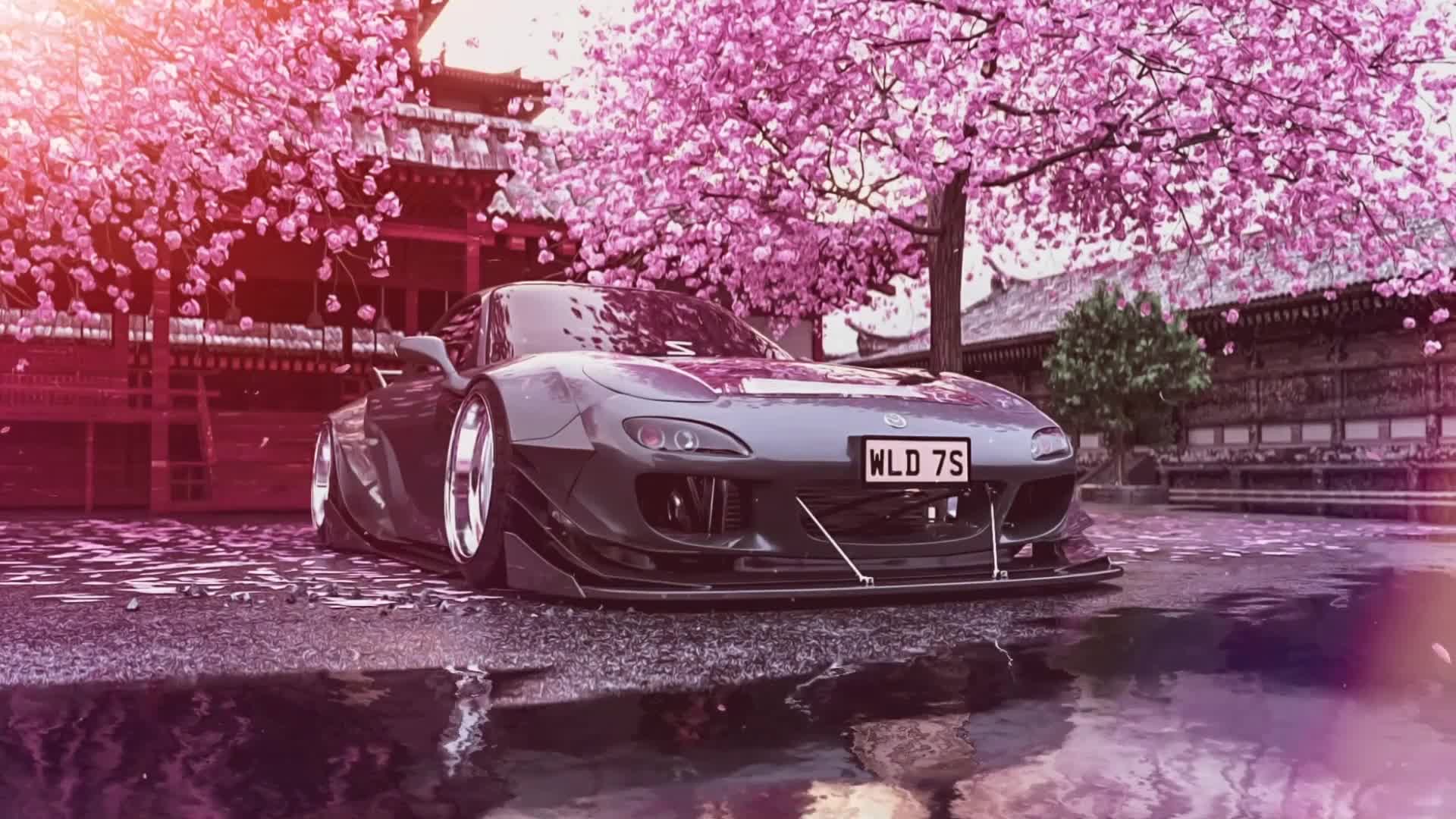Mazda RX 7 / Cherry Blossom / Leaf Fall Desktop Wallpaper
