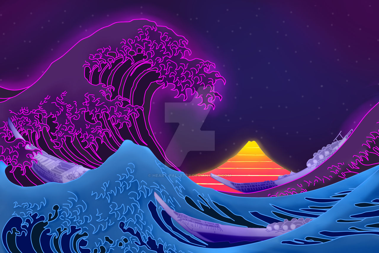 Wallpaper, vaporwave, synthwave, neon, The Great Wave off Kanagawa, Sun, glitch art, Retrowave 1280x854
