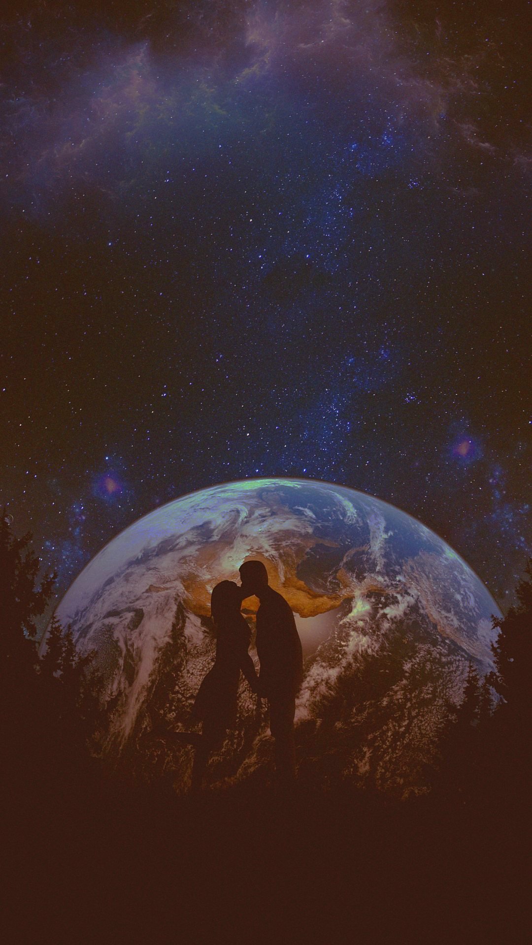 Night Sky Space Couples Kissing Romantic Love Wallpaper