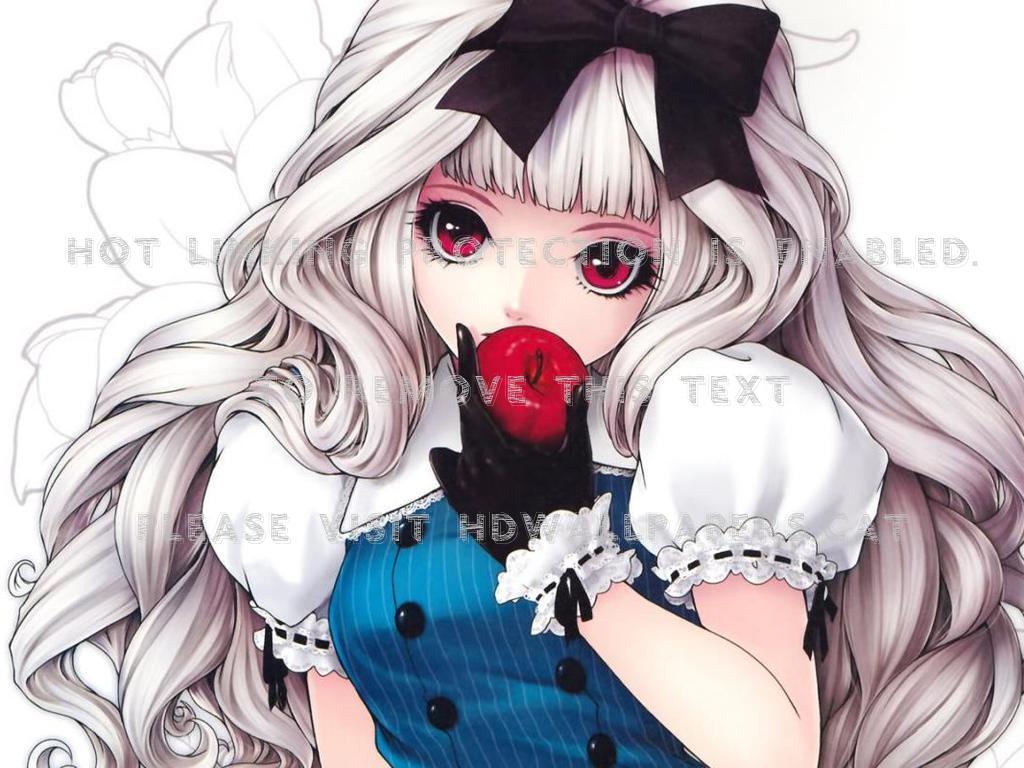 anime girl with apple cute red eyes
