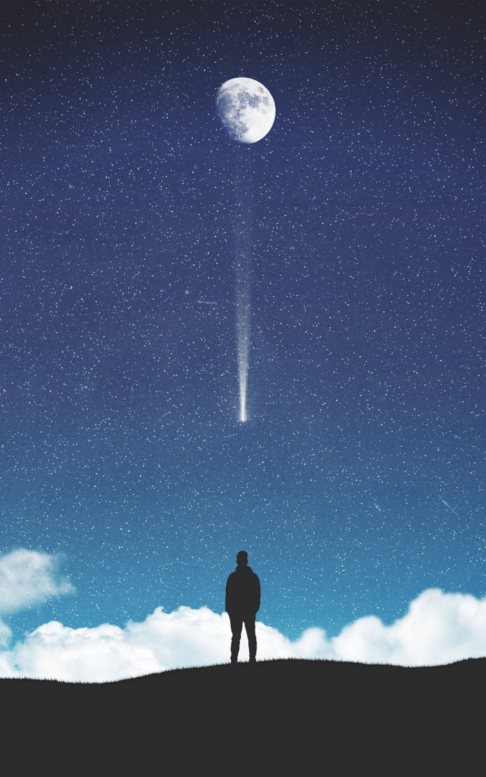 Download 1600x2560 Lonely Man Silhouette, Moon, Starry Sky, Scenic, Mood, Loneliness Wallpaper for Google Nexus 10