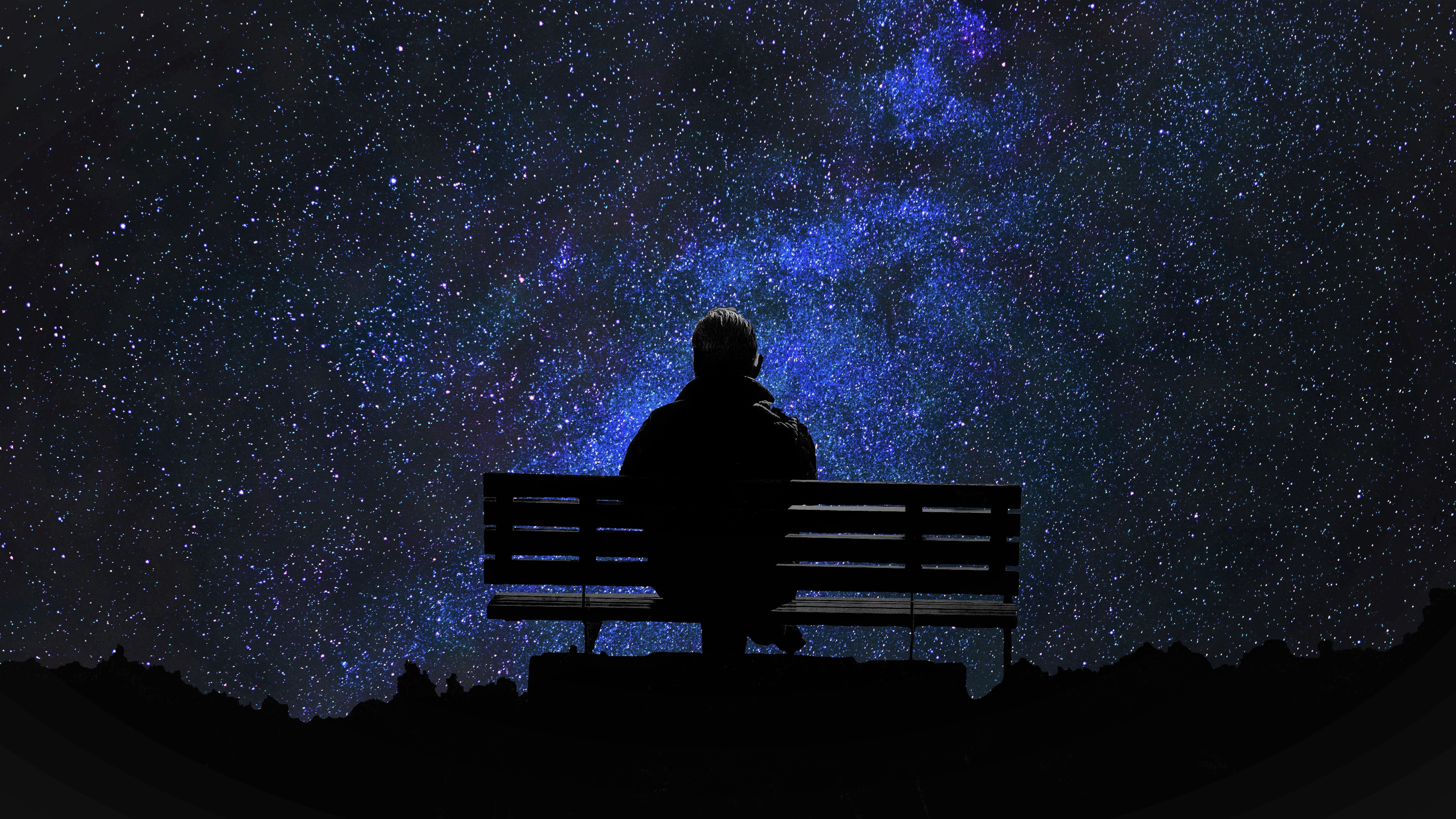 Alone Bench Lonely Man Night Sky Starry Sky Stars Wallpaper:6000x3375