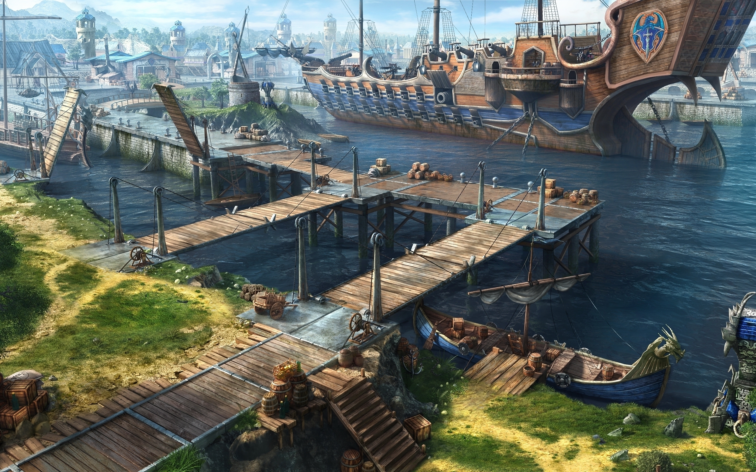 Old Game Port With Ship HD wallpaper