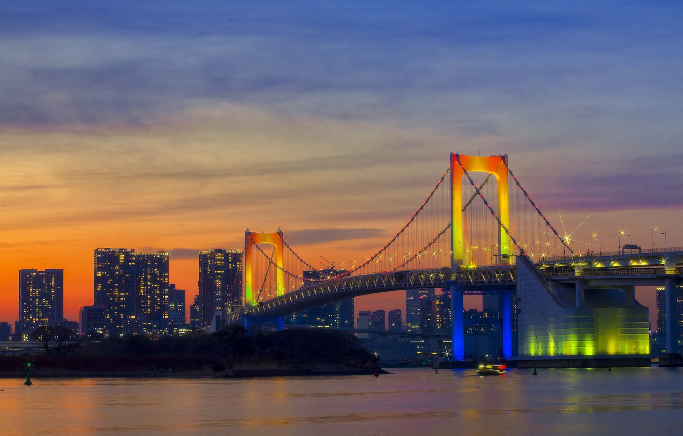 Wallpaper dawn, morning, Tokyo, Japan, Rainbow Bridge image for desktop, section город