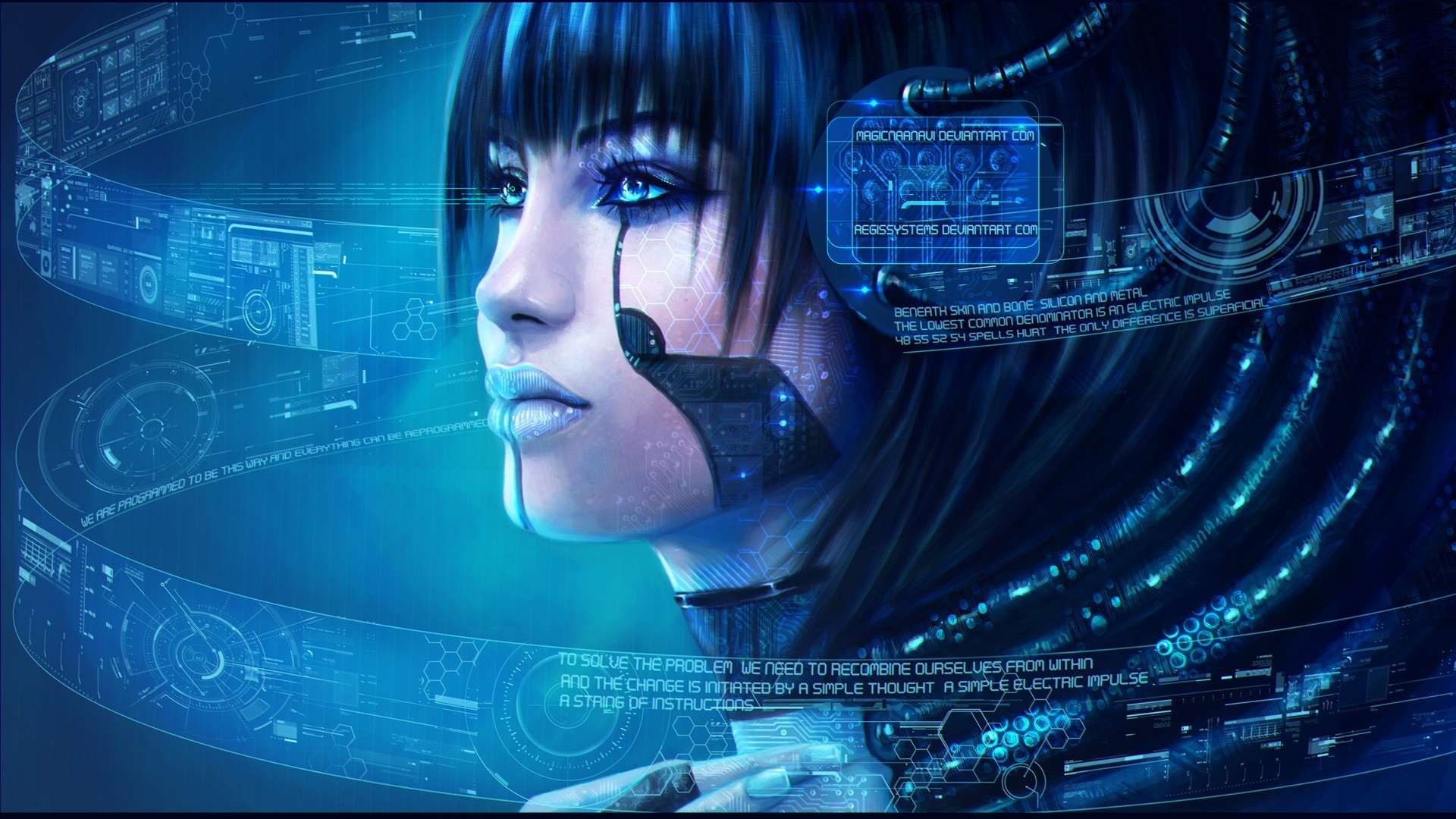 Wallpaper, illustration, anime, blue eyes, space, blue background, Aztec, technology, wires, blue lipstick, screenshot, computer wallpaper, special effects 1920x1080