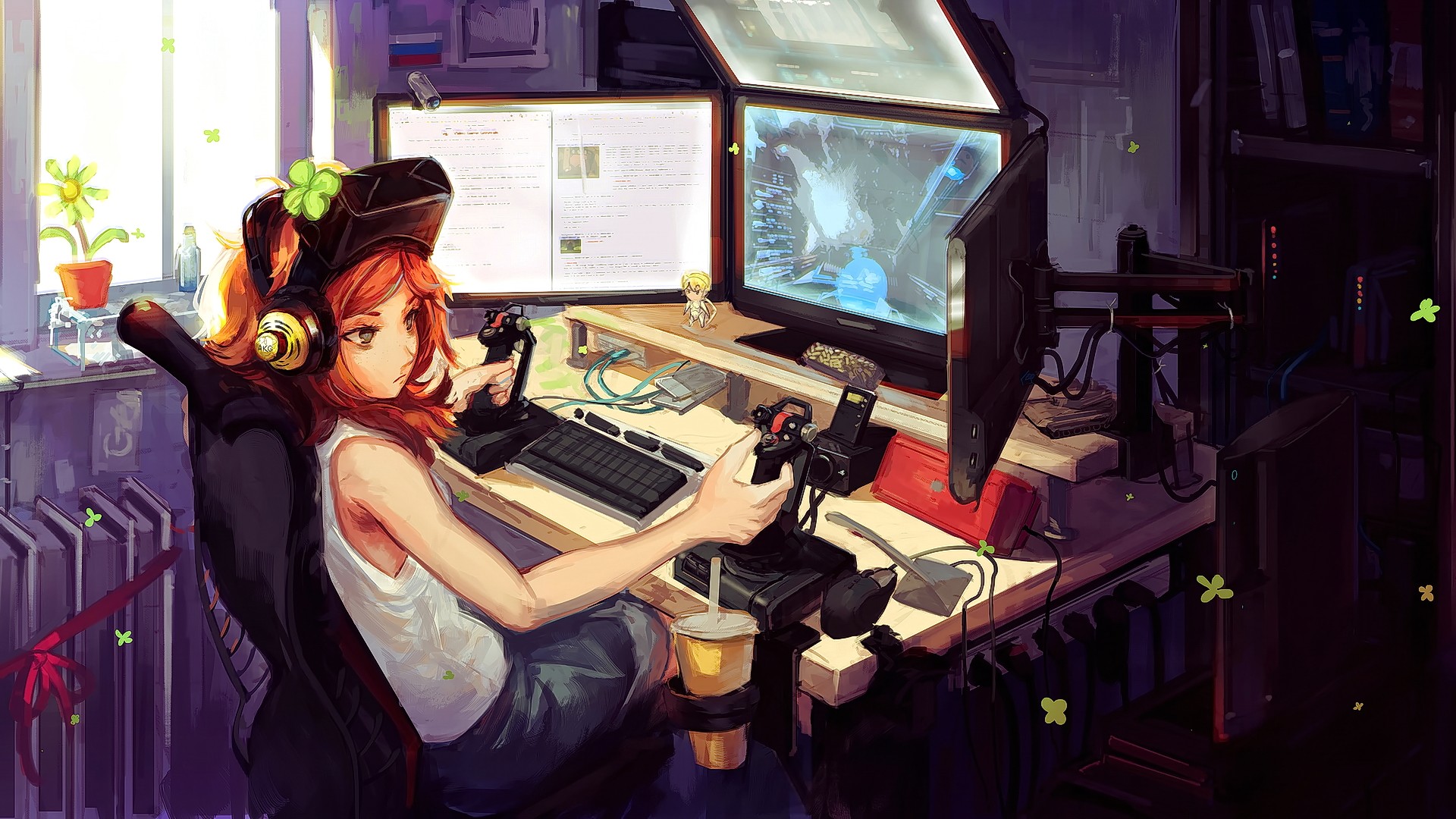Anime Technology Anime Girls PC Gaming Redhead Indoors Monitor Wallpaper:1920x1080