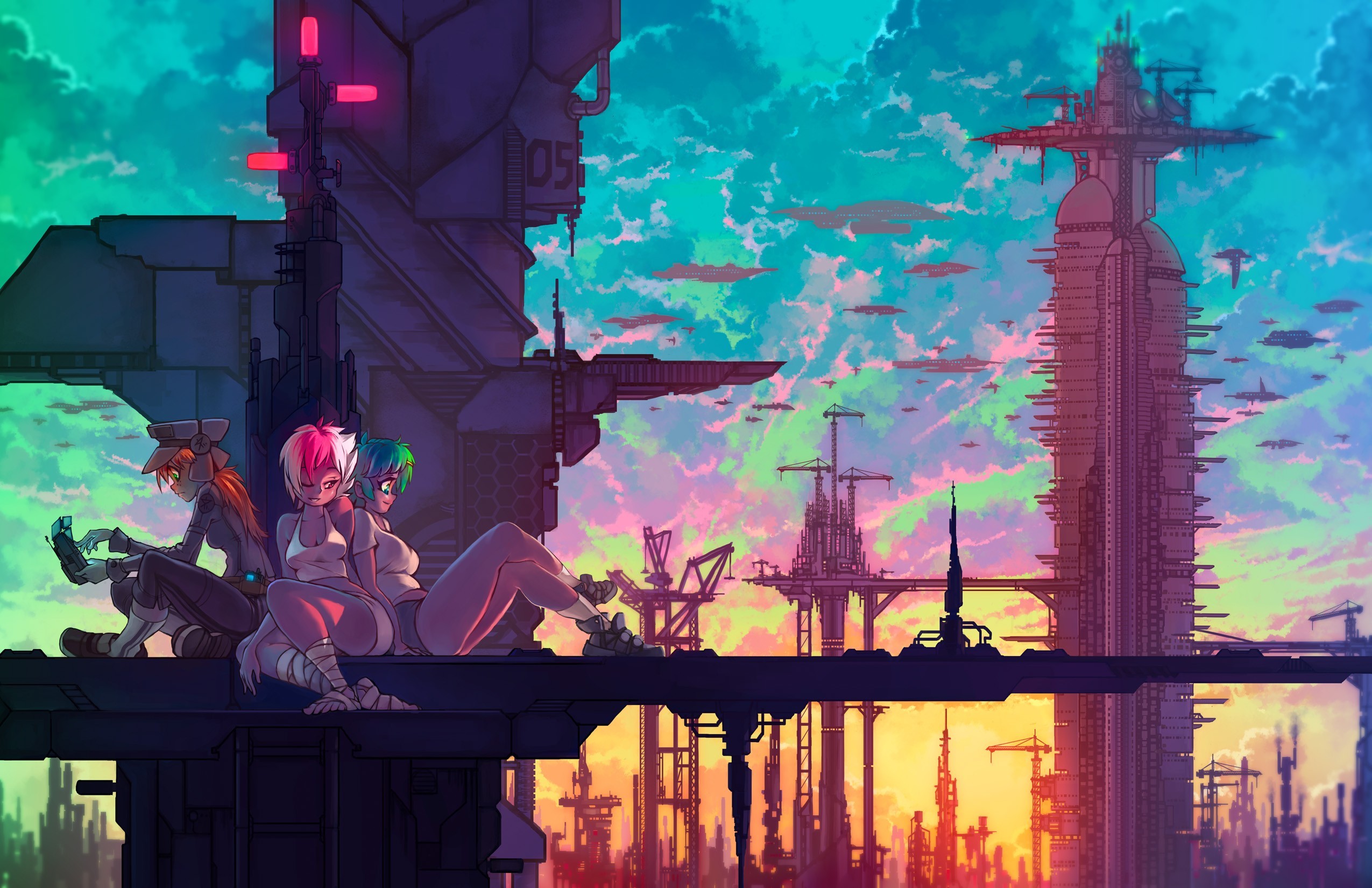 Wallpaper, fantasy art, anime girls, technology, world, cranes machine, airships, screenshot 2550x1650