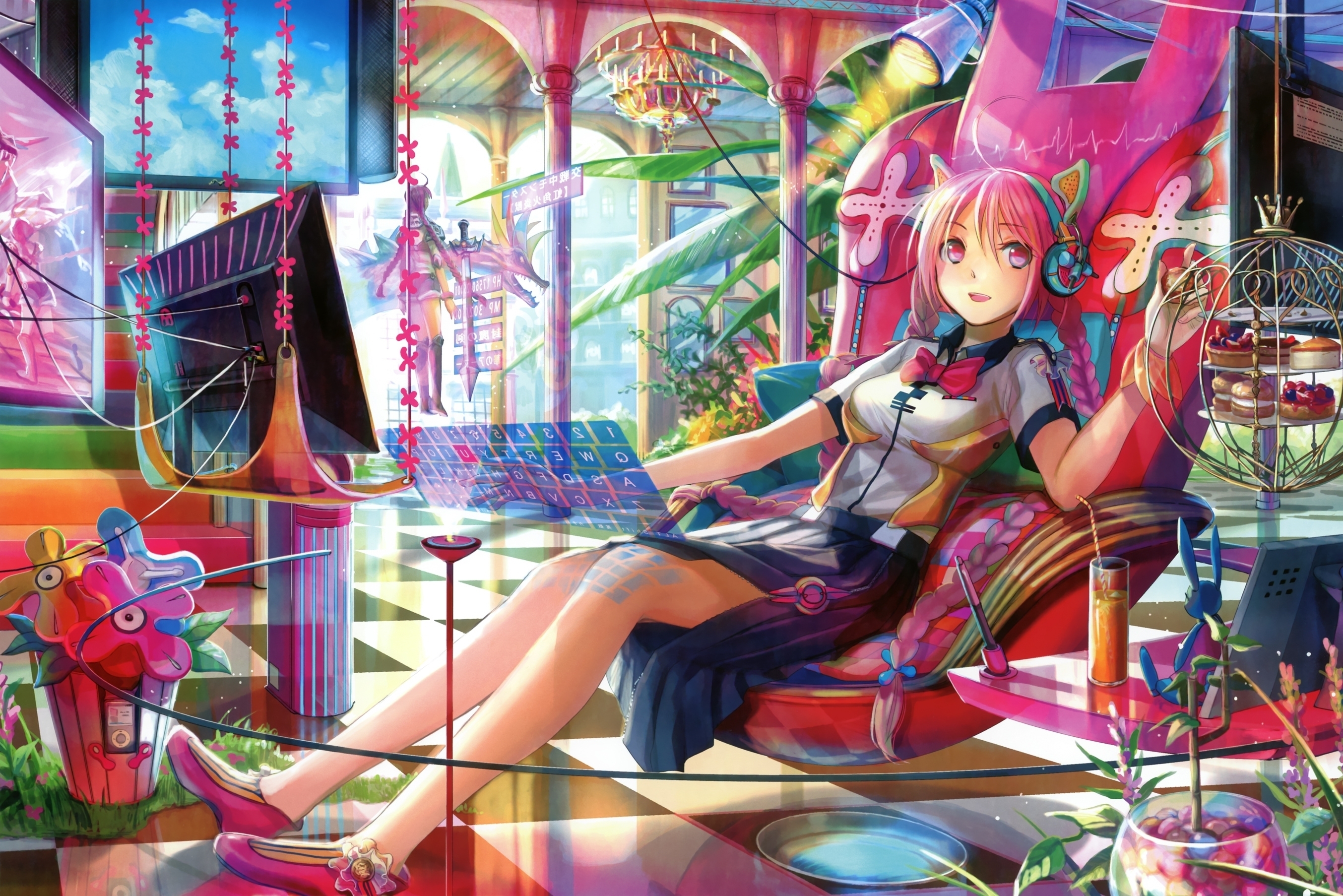 Anime Pink Hair Headphones Chair Plants Pink Eyes Pastries Tech Anime Girls Fuji Choko Wallpaper:2707x1806