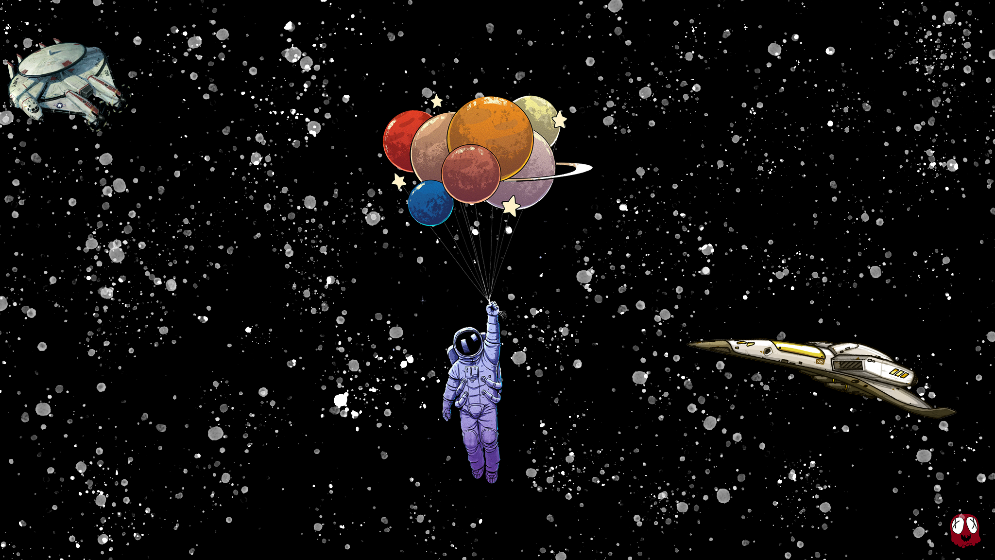 Space Astronaut Planet Cartoon Wallpaper:2048x1152