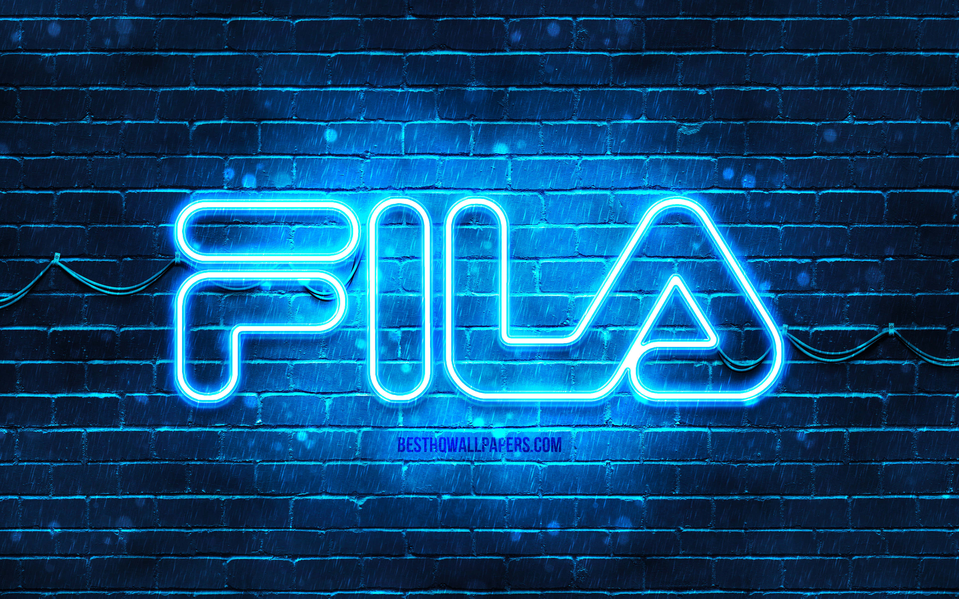 Download wallpaper Fila blue logo, 4k, blue brickwall, Fila logo, brands, Fila neon logo, Fila for desktop with resolution 3840x2400. High Quality HD picture wallpaper