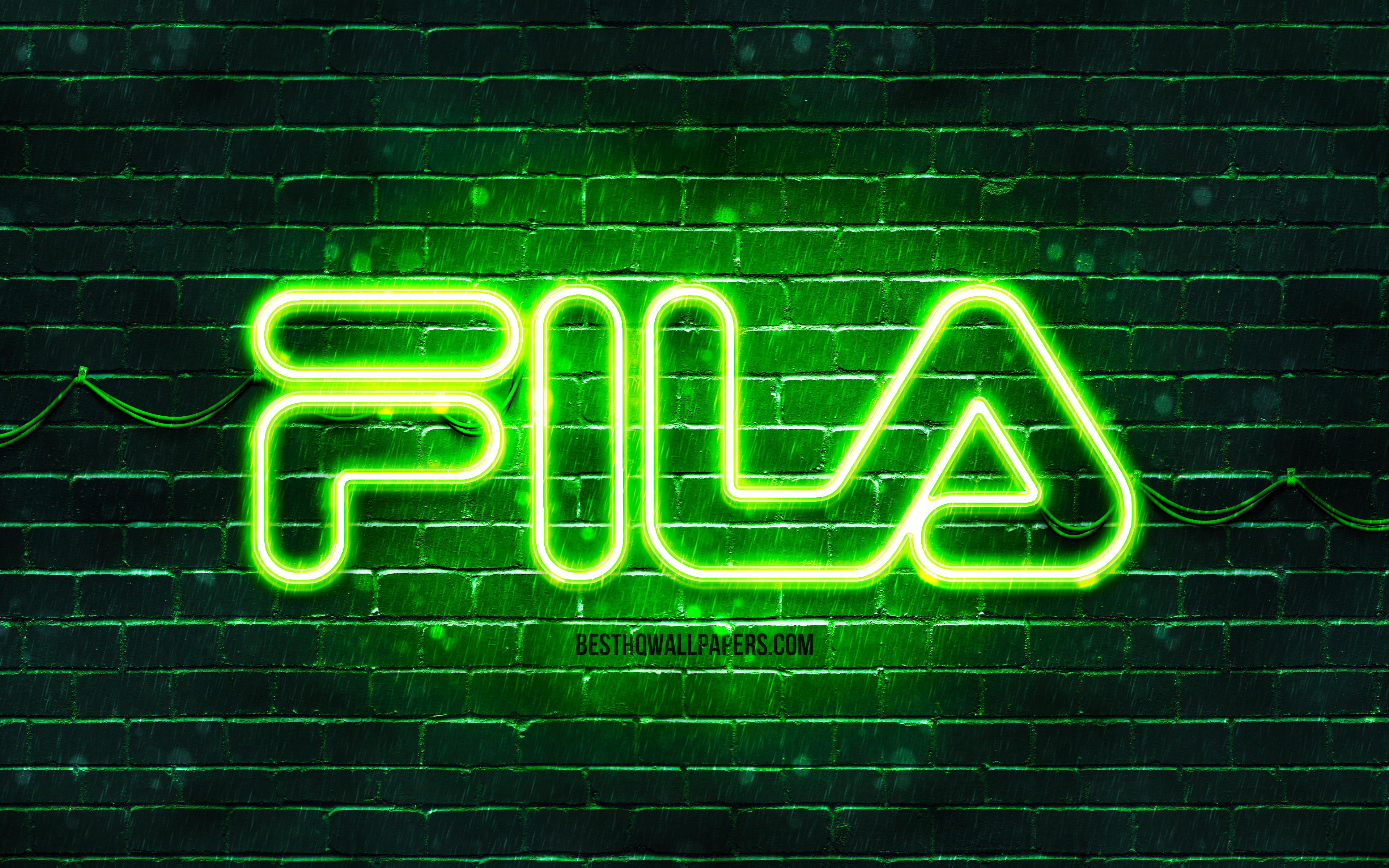 Download wallpaper Fila green logo, 4k, green brickwall, Fila logo, brands, Fila neon logo, Fila for desktop with resolution 3840x2400. High Quality HD picture wallpaper