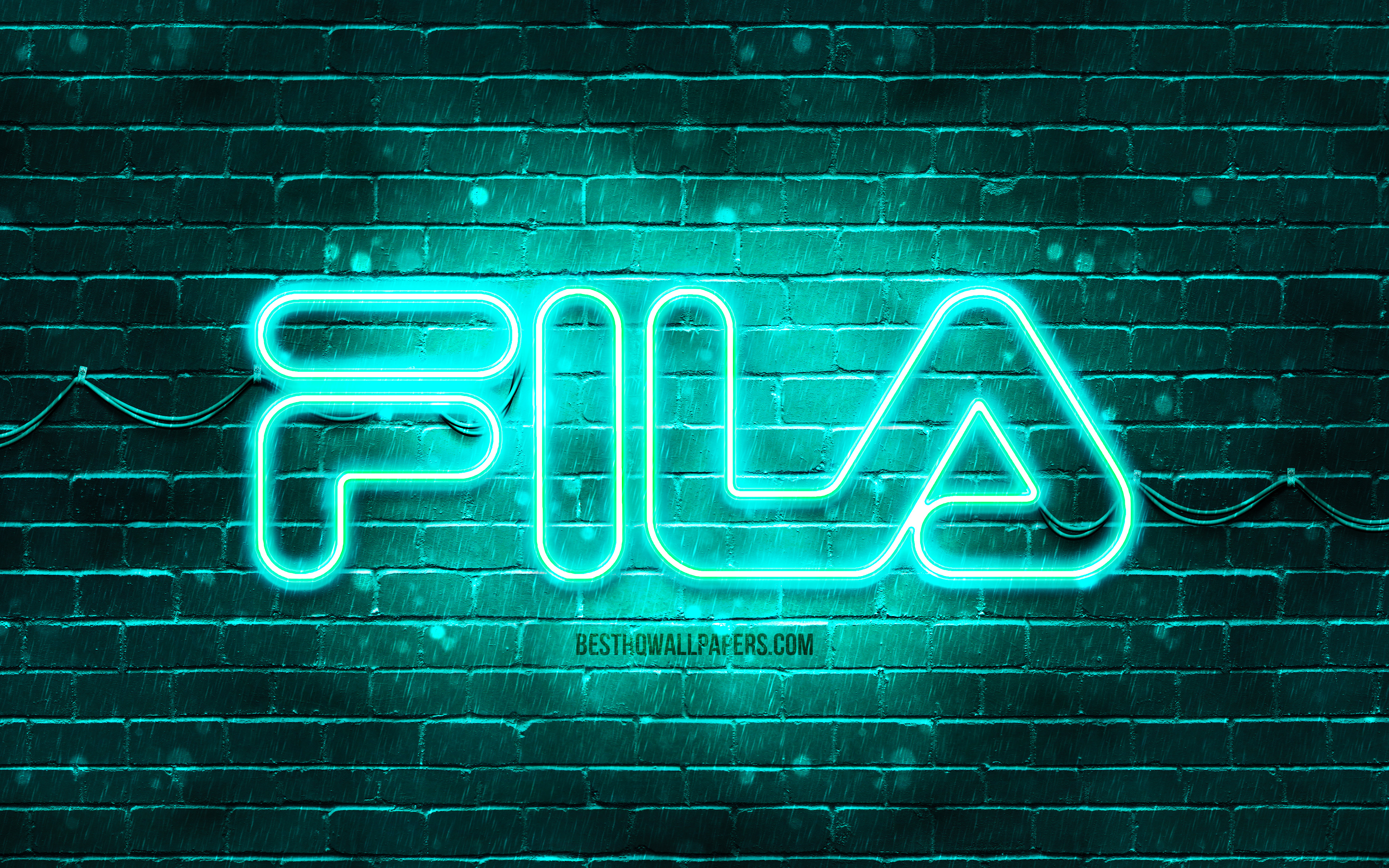 Download wallpaper Fila turquoise logo, 4k, turquoise brickwall, Fila logo, brands, Fila neon logo, Fila for desktop with resolution 3840x2400. High Quality HD picture wallpaper